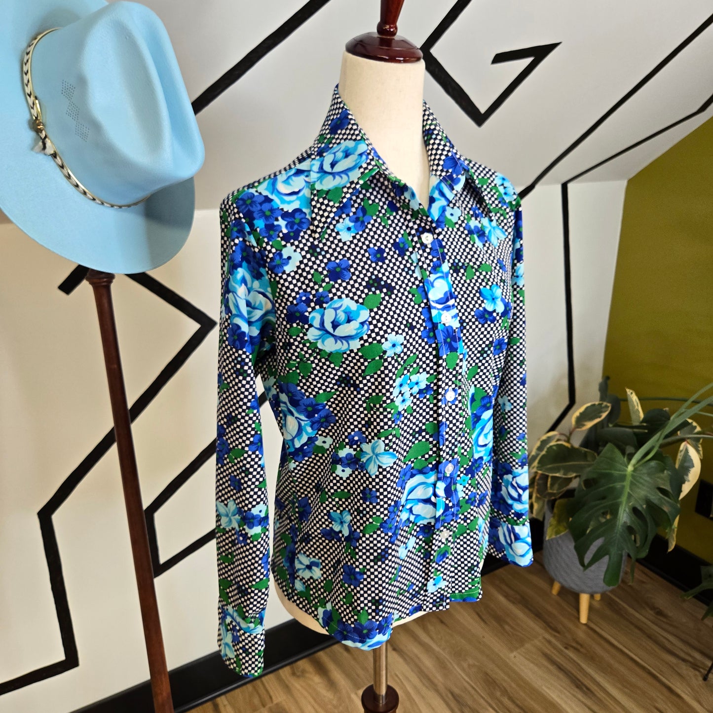 Vintage 1960s Checkers and Florals Dayglo Top made in Korea - medium