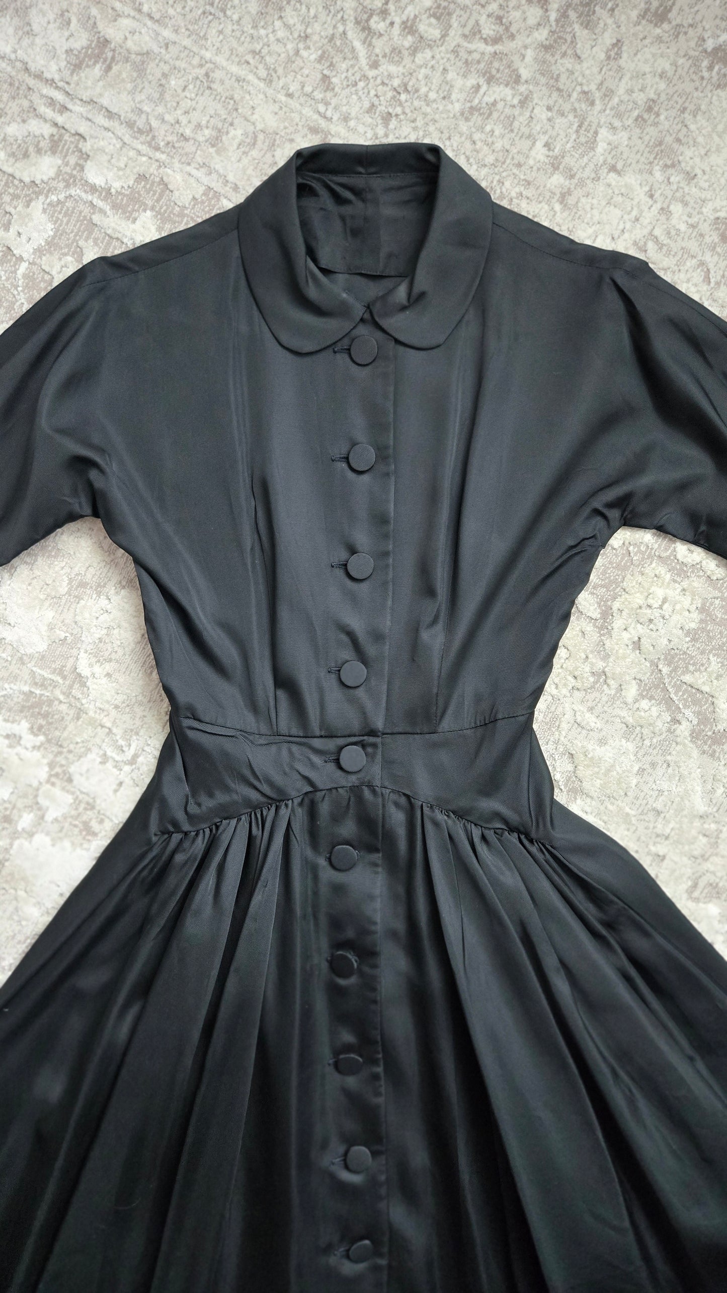 Vintage 1940s Black Satin Day Dress - Small