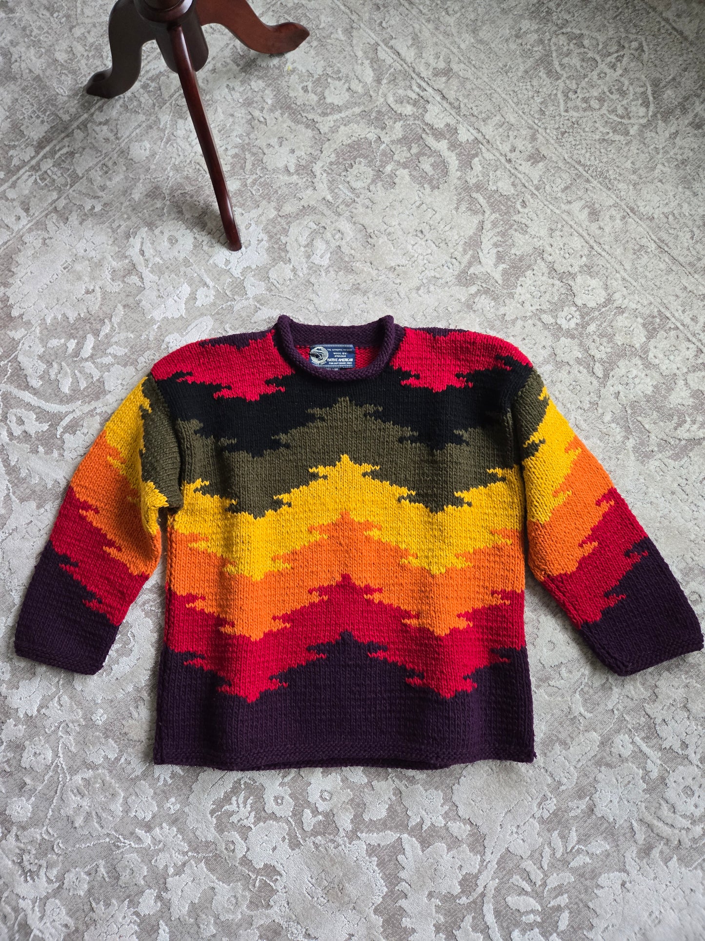 Otavalo Hand Knit Wool Rainbow Tree Native American for Outdoor Men Sweater - Large