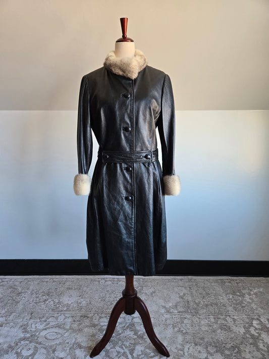 Vintage Black Leather Trench Coat with White Mink Fur - Small