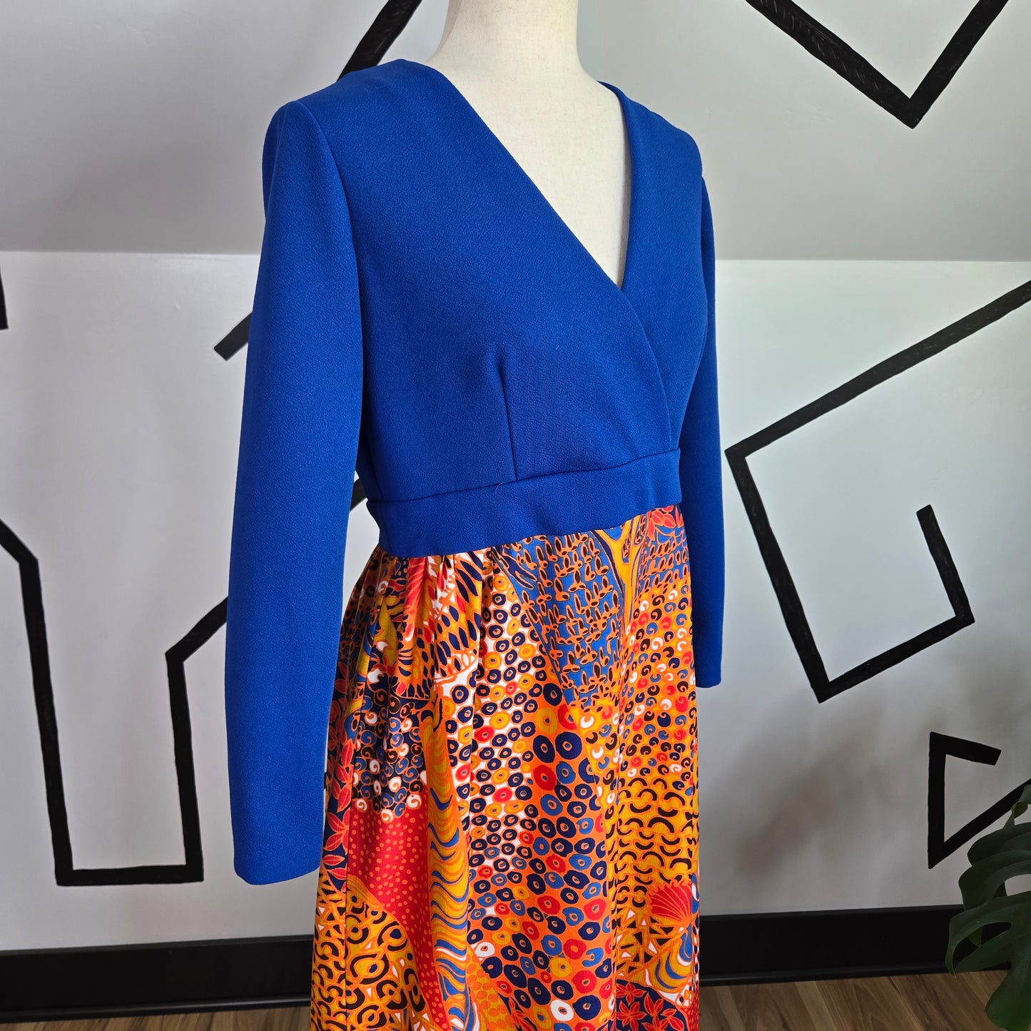 Vintage 1970s Blue Structured Top Maxi Dress with an Orange Dayglo Print Skirt