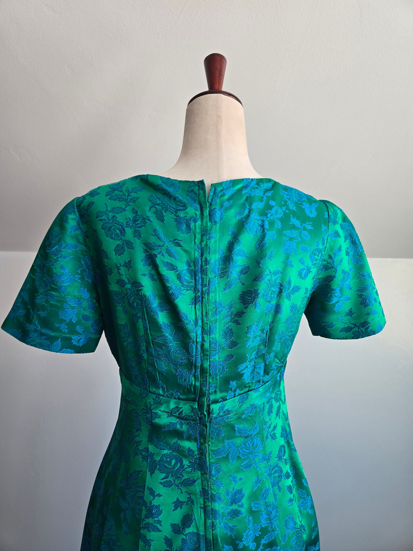 1950s Jacquard Floral Blue Dress - small