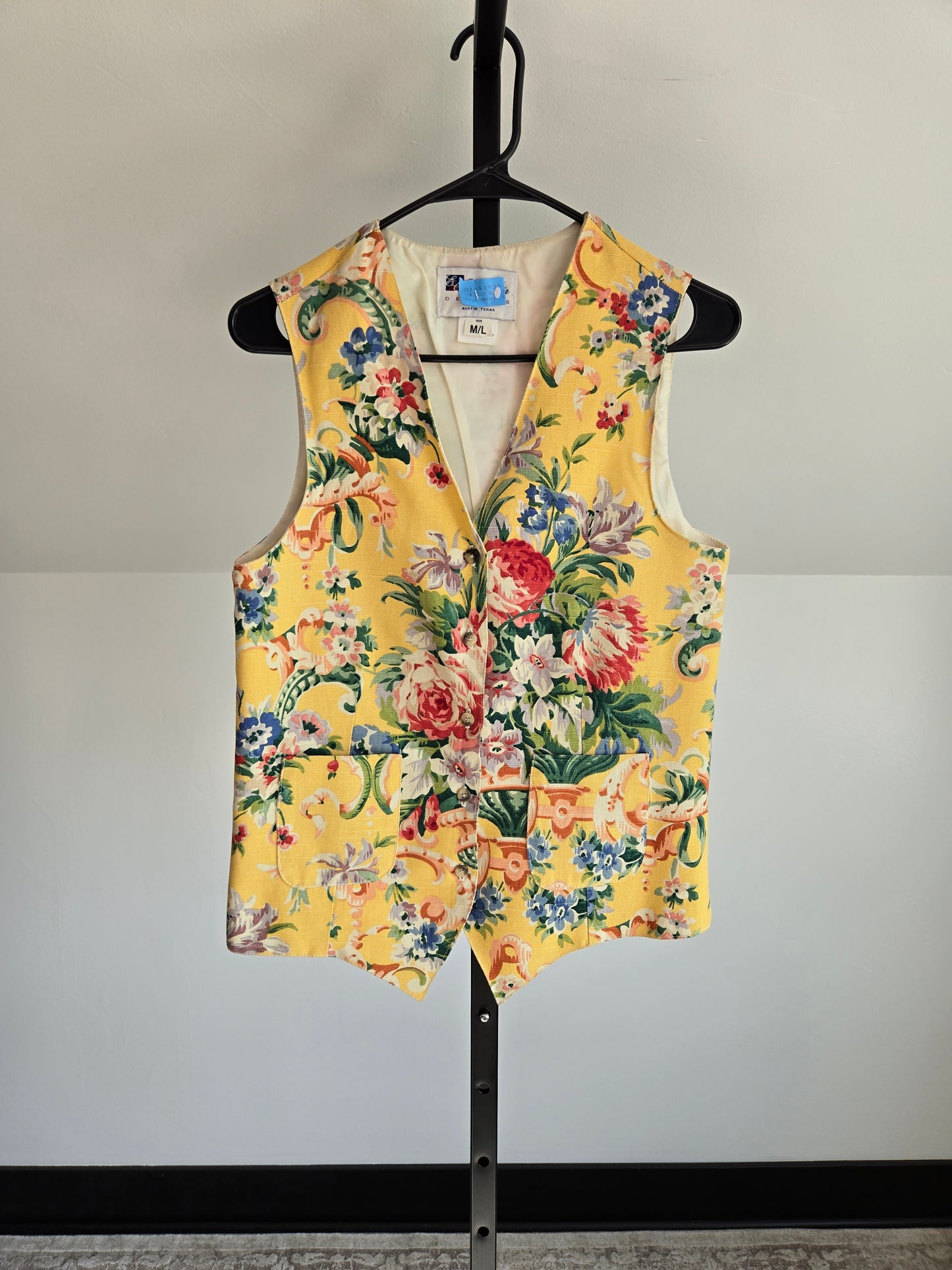 E Claire Vintage Cotton Floral Vest in Yellow - S/M