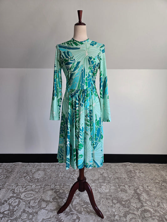 Rona California Vintage 70s Blue/Green Psychedelic Dress - medium