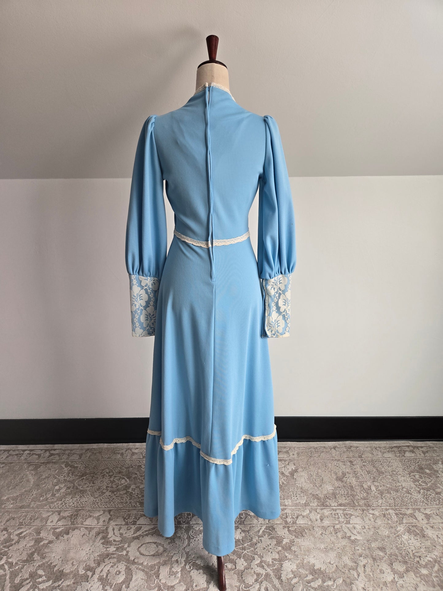 Vintage 1970s Sky Blue Prairie Dress with Floral Lace Details and Corset Top - Small