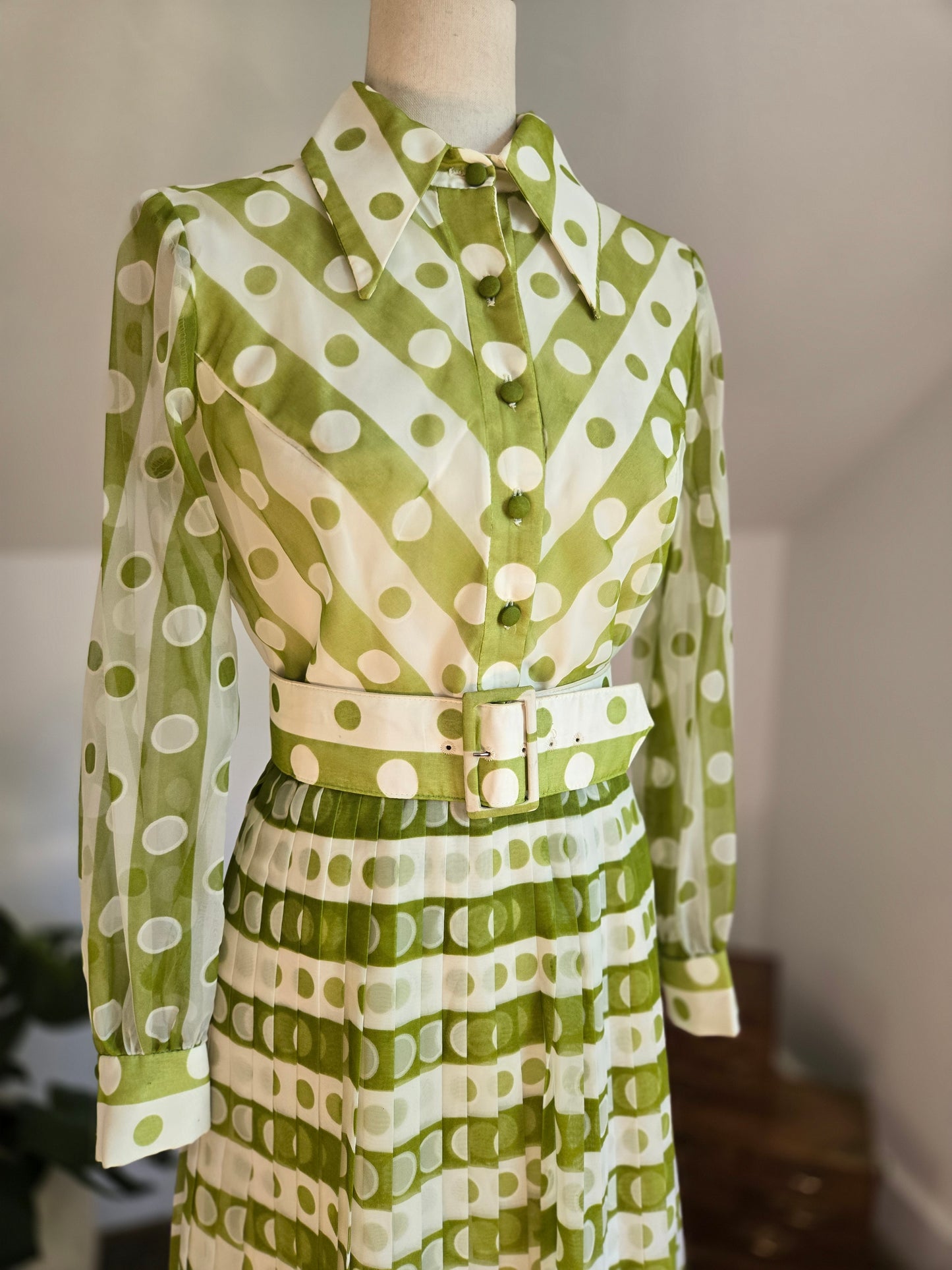 Coco California Vintage 1970s Green and White Polka Dot Stripe Dress -