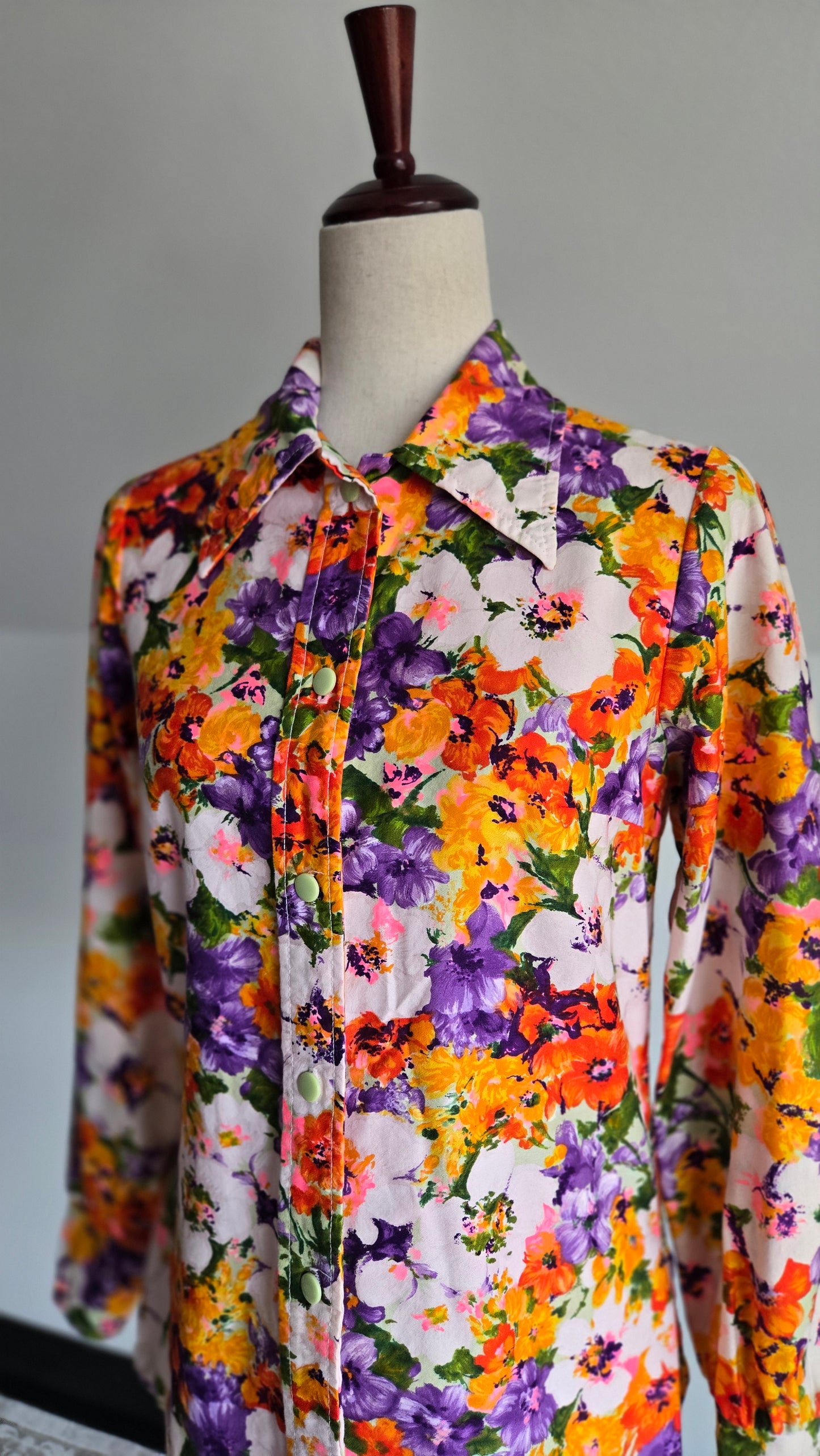Val Lanne Vintage 70s Dayglo Cotton Floral Top - Small