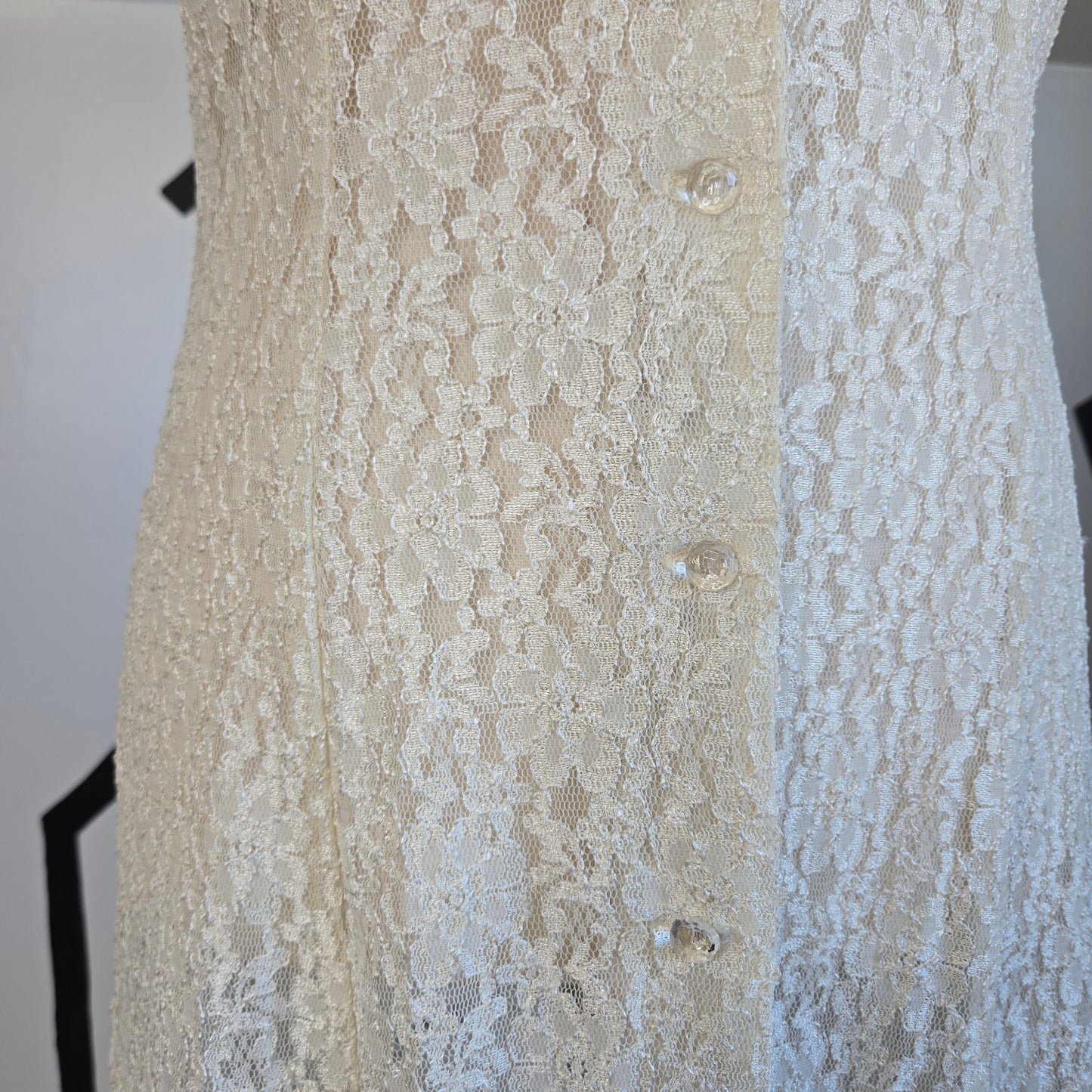 All That Jazz Vintage 80s Shear Ivory Lace Dress with Cape Flutter Sleeve - Small