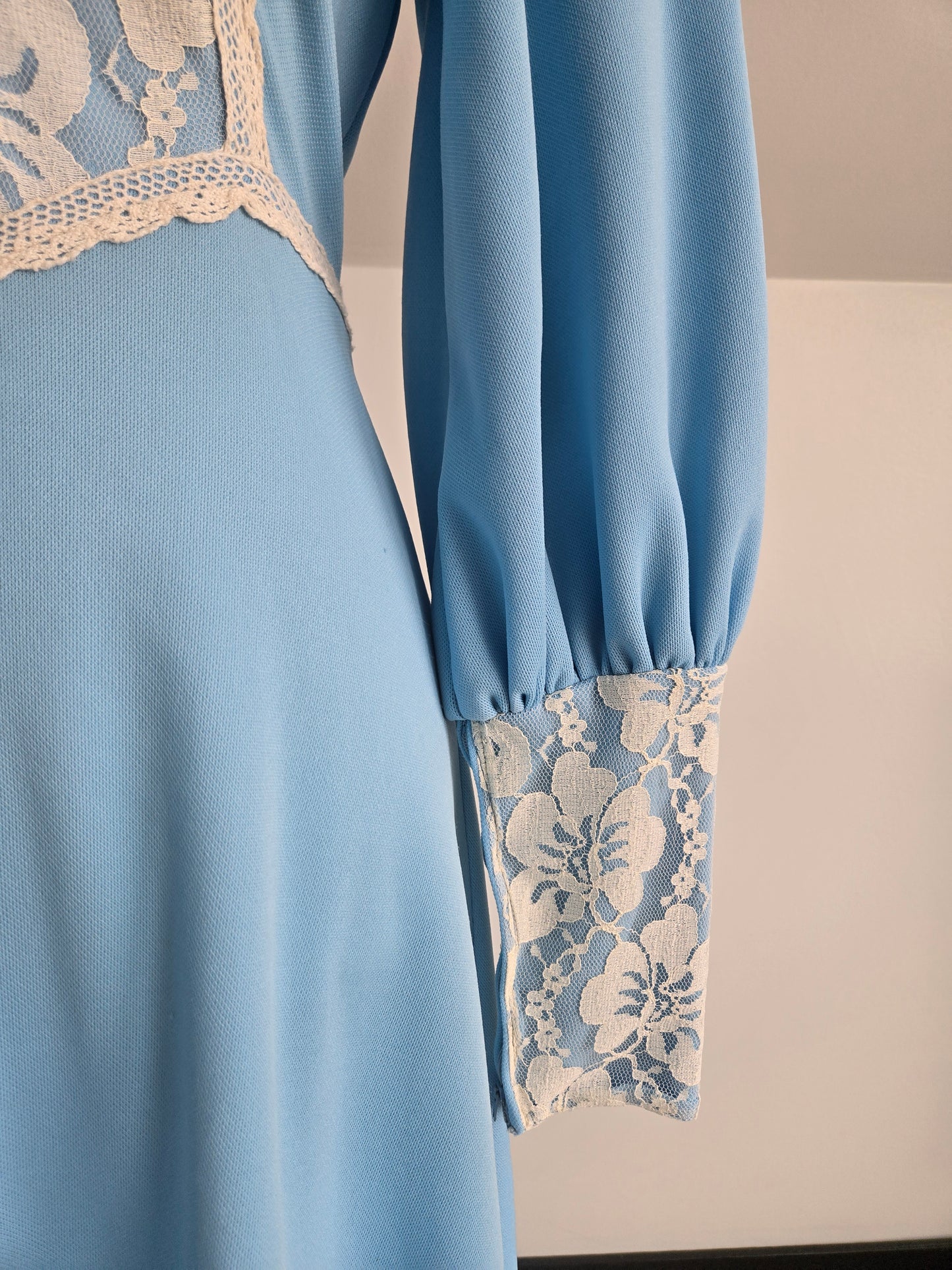 Vintage 1970s Sky Blue Prairie Dress with Floral Lace Details and Corset Top - Small