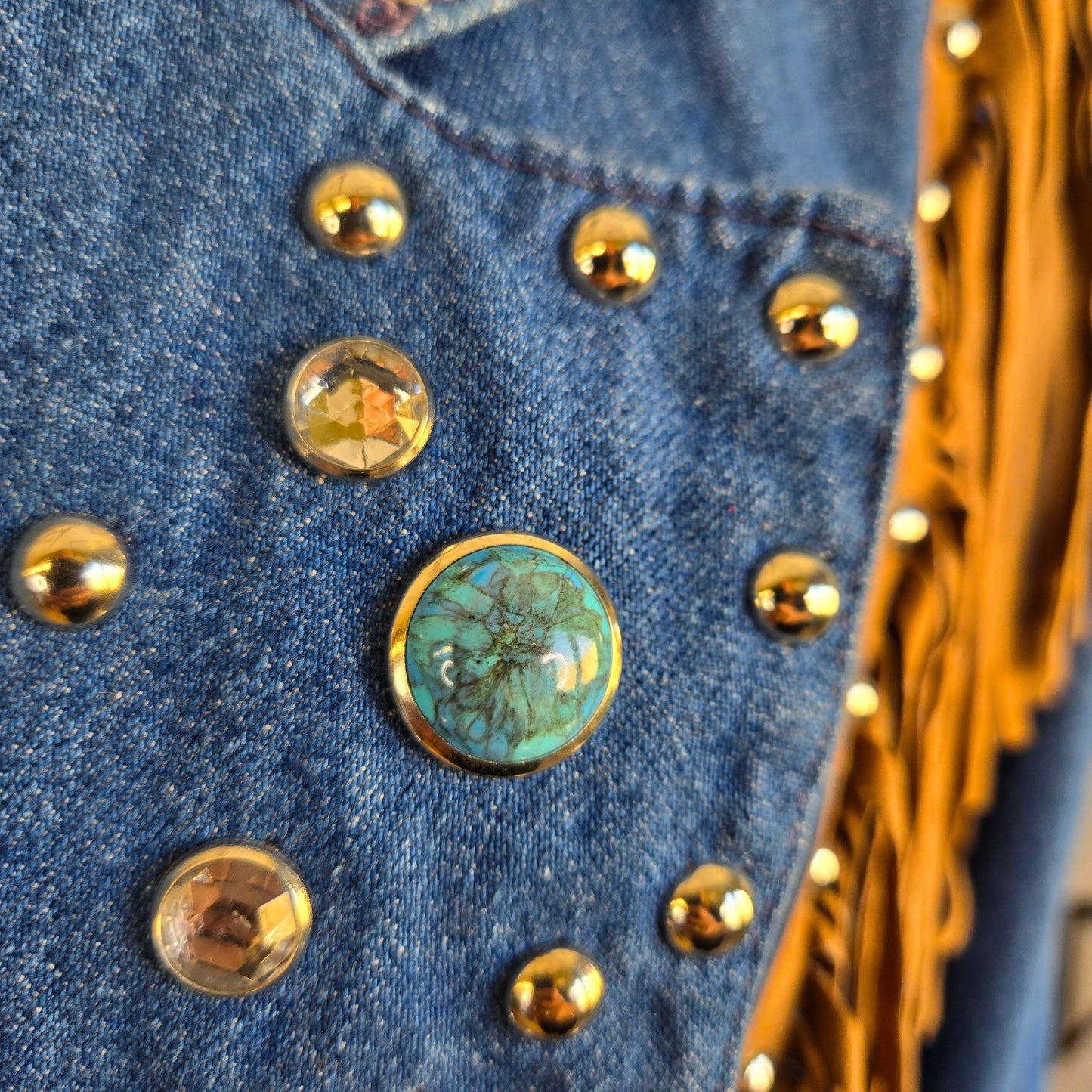 Gepetto Vintage 80s Denim Blazer with Fringe and Studs - Large