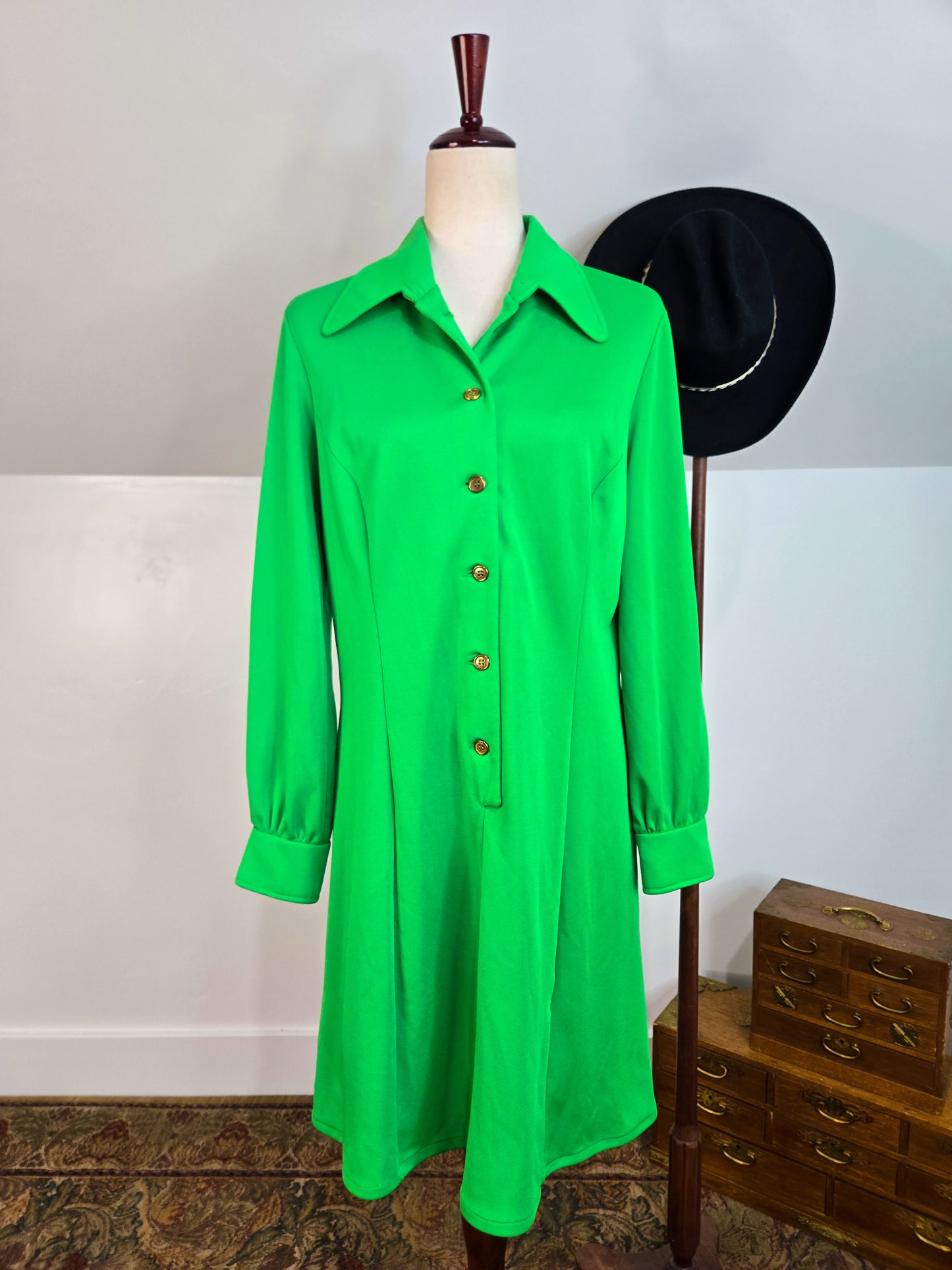 Vintage 70s Lime Green Button Down Mini Dress - L/XL