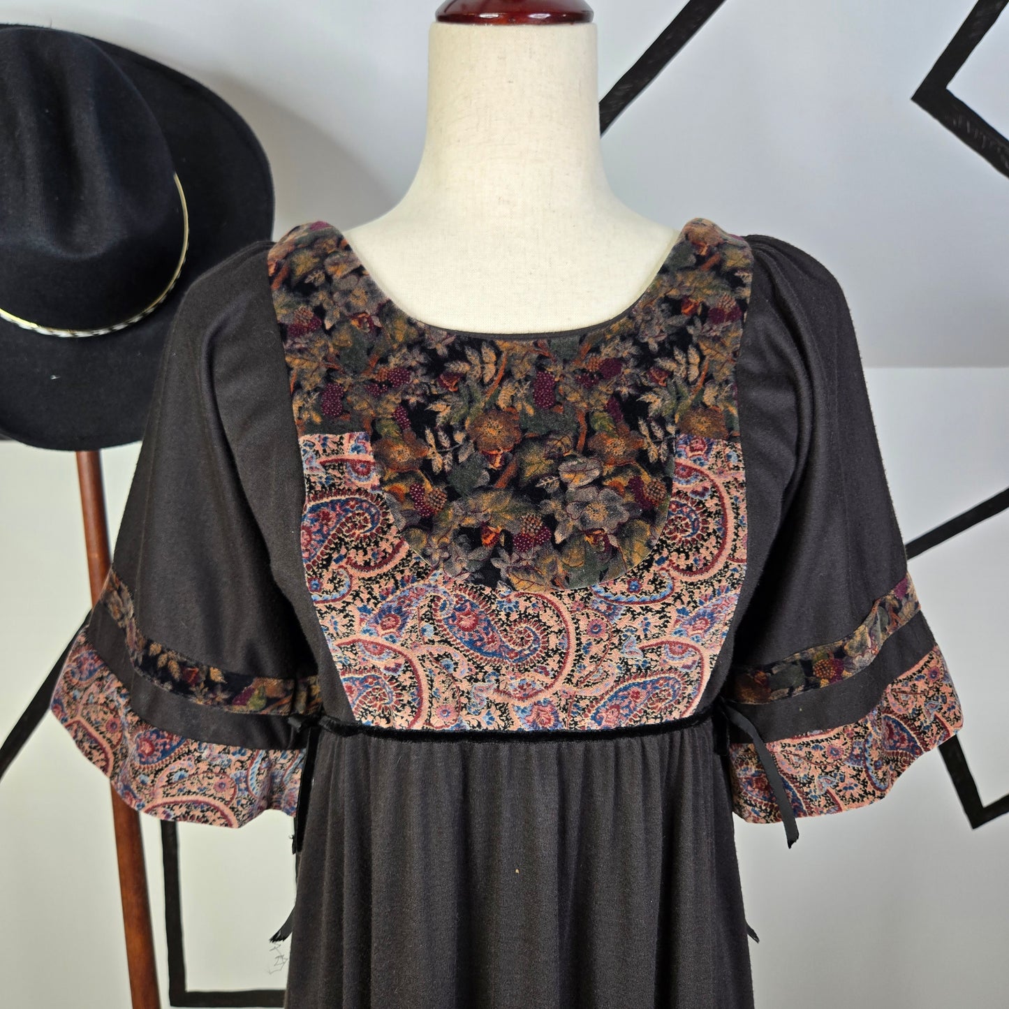 Vicky Vaughn Vintage 70s Brown and Floral Velvet Maxi Dress -