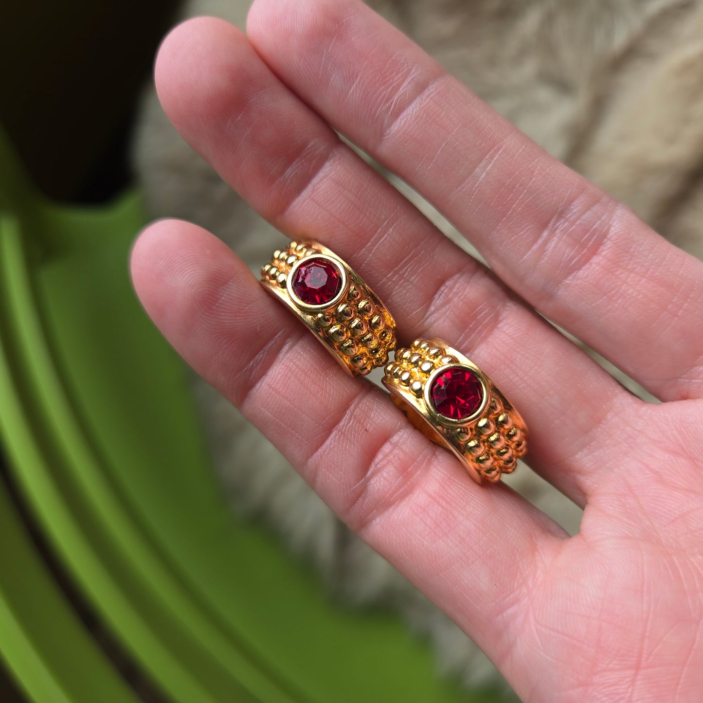 Vintage Gold and Red Gem Earrings - Clip on