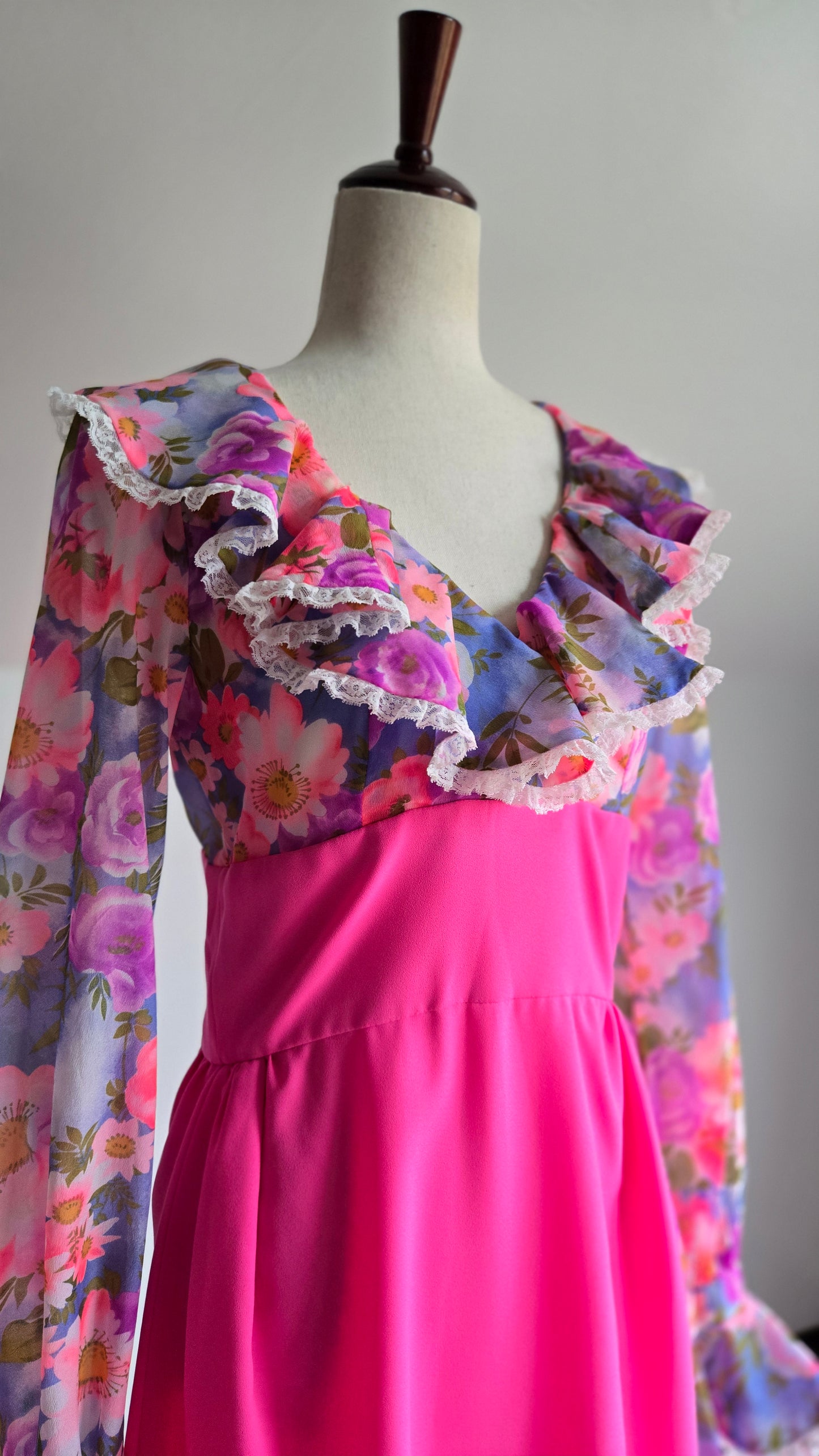 Vintage 1970s Hot Pink Flower Power Maxi Dress - medium