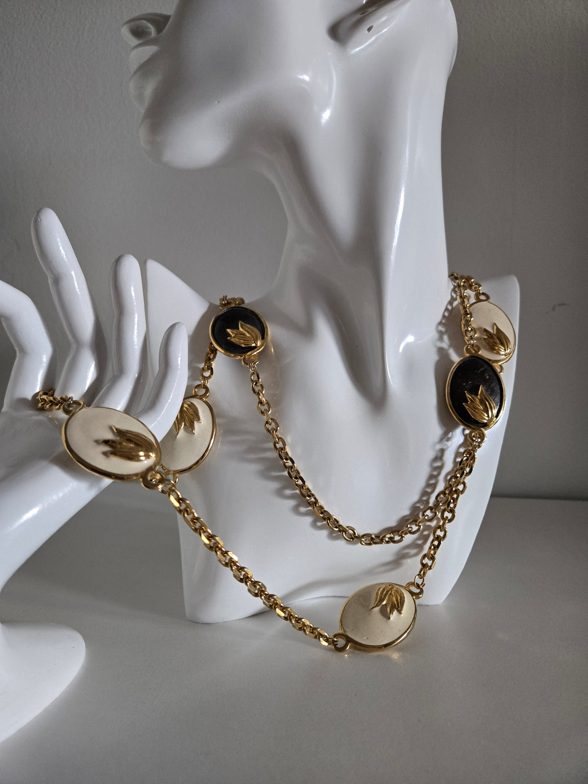 Vintage Black and White Statement Necklace with Gold Leaf Design