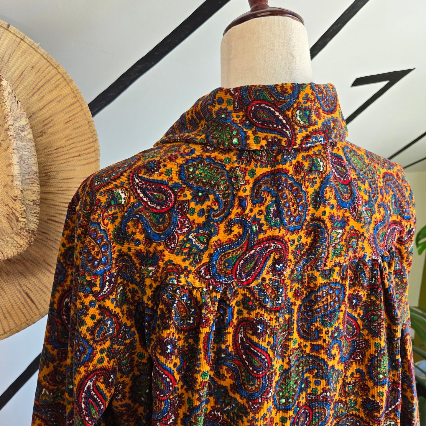 Handmade 60s Paisley Corduroy Button Down Dress with Neck Tie - XL