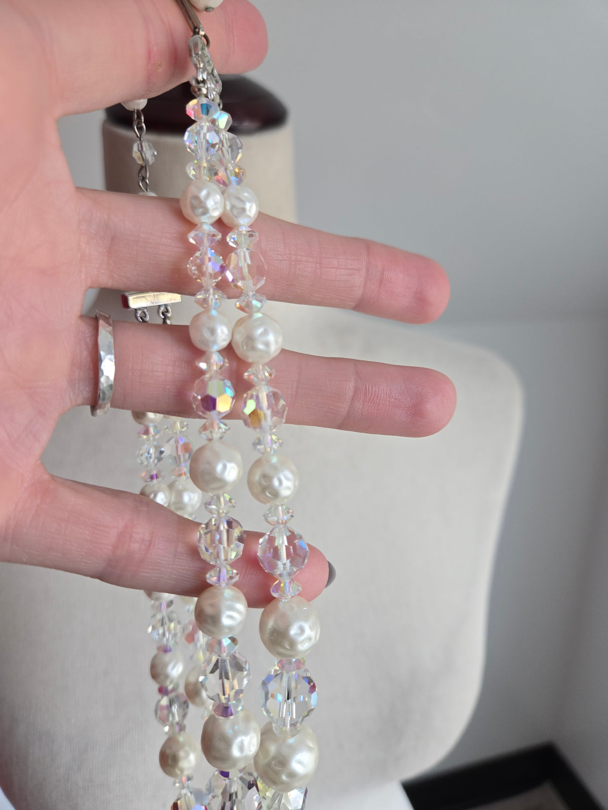 Vintage AB Crystal and Pearl Two-Strand Necklace