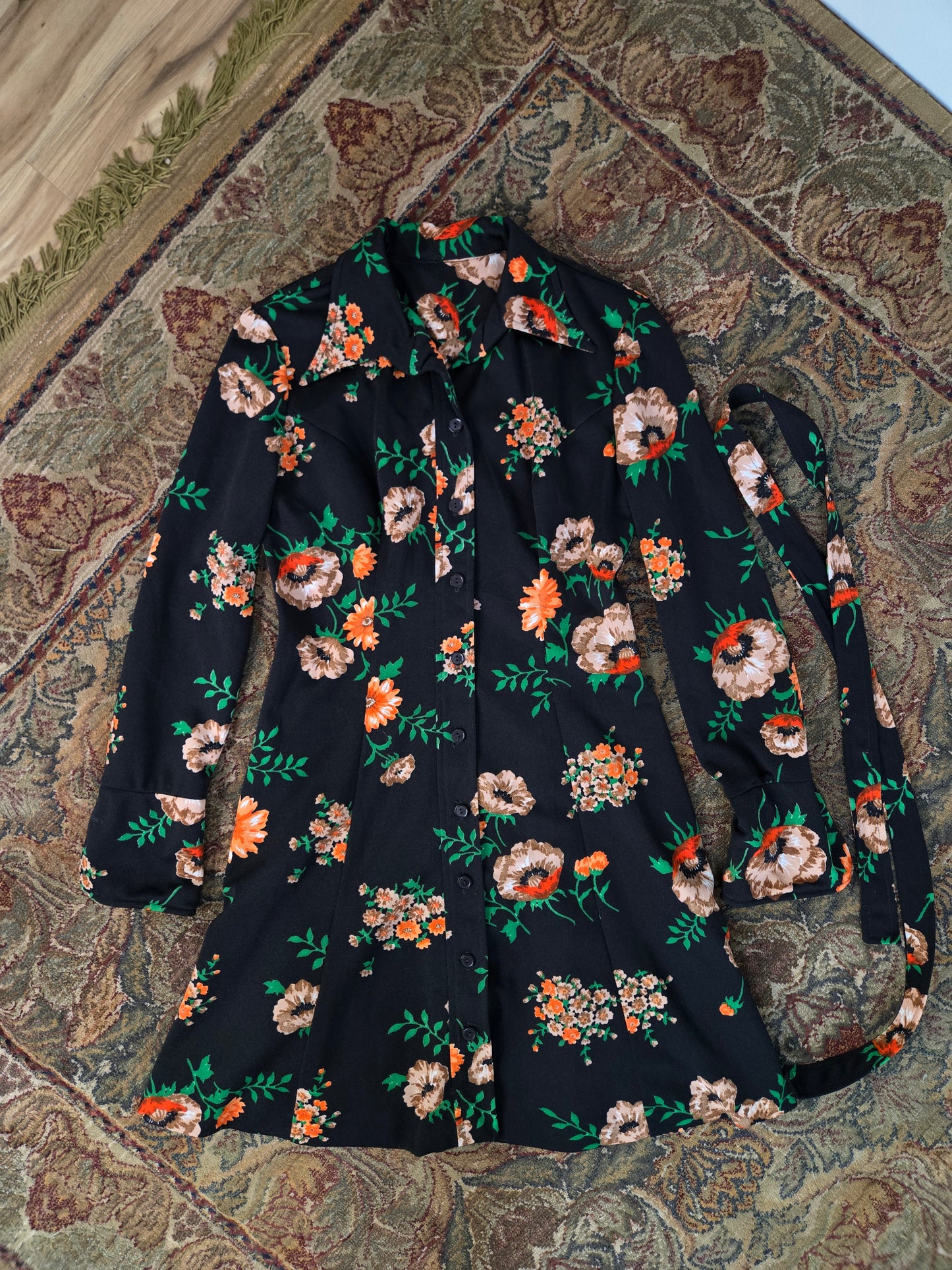 Vintage 70s Black Floral Union Made Mini Dress - medium