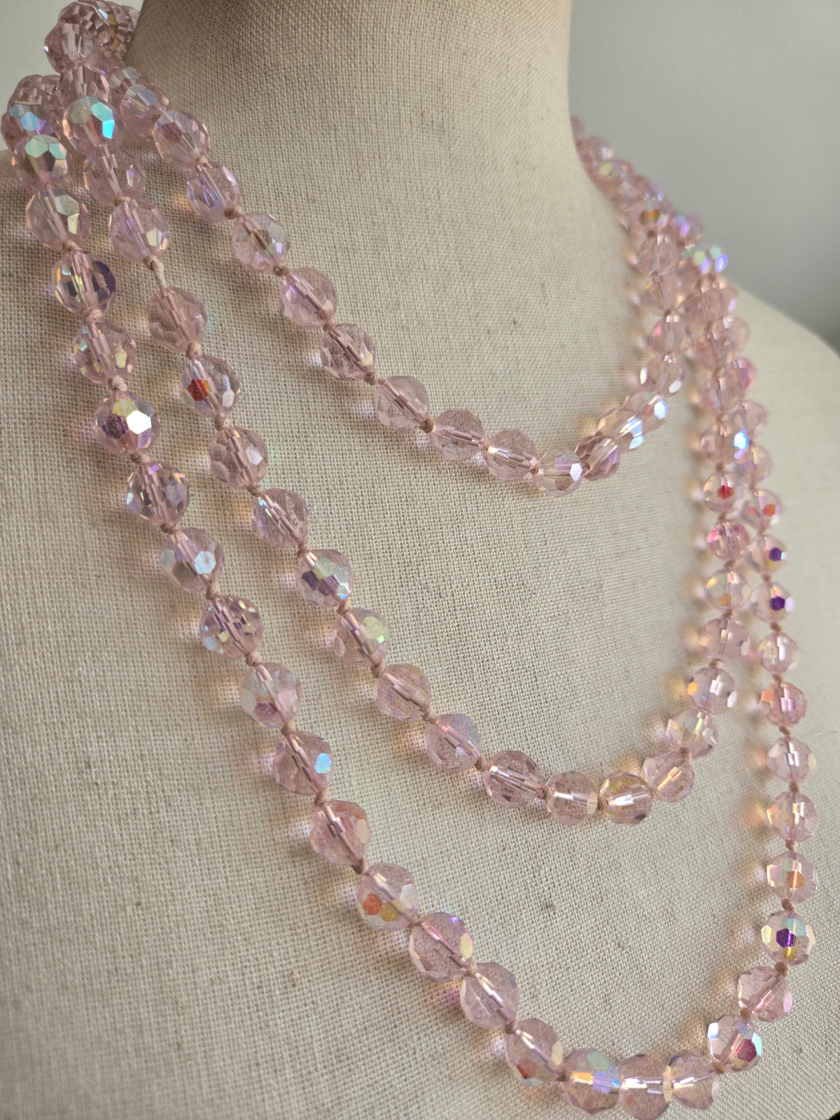 Hand Knotted Pink Glass AB Crystal Long Necklace