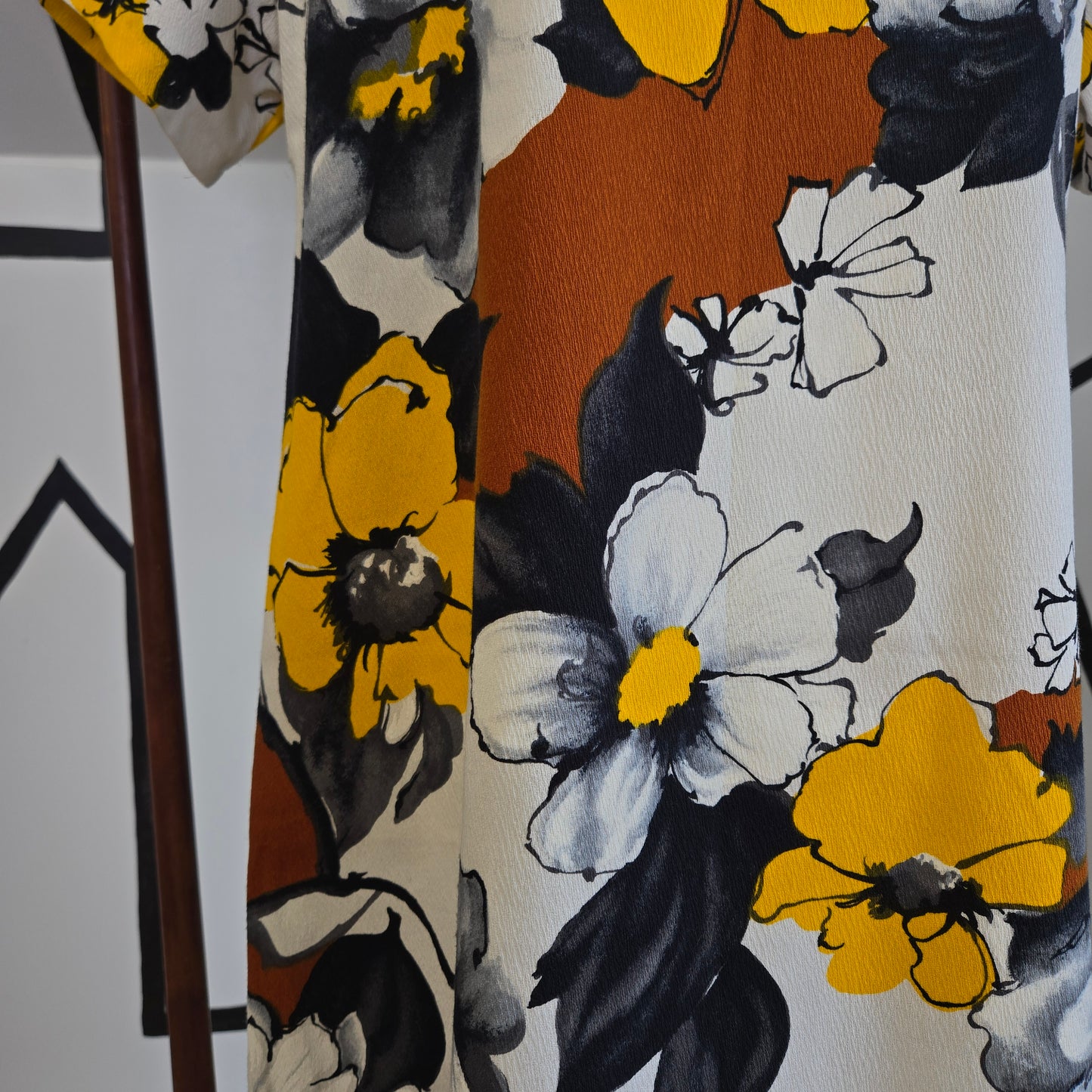 Vintage Barkcloth Yellow, Brown, and Black Flower Power Dress - medium