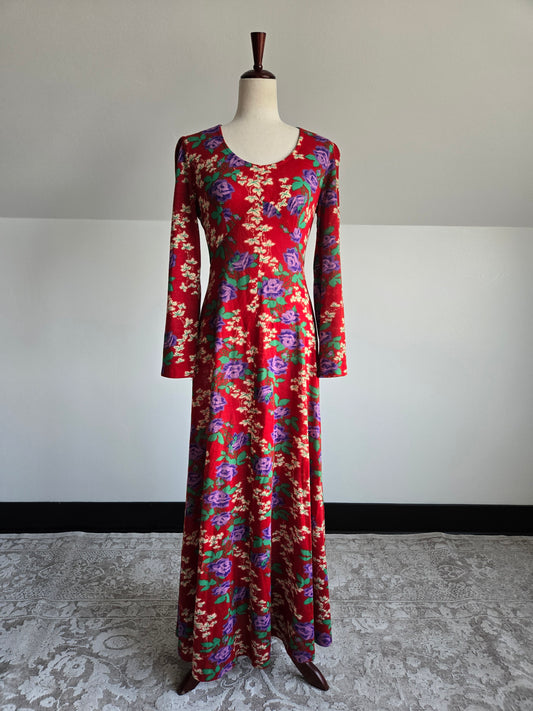 Vintage 70s Red Floral Psychedelic Print Maxi Dress - Small