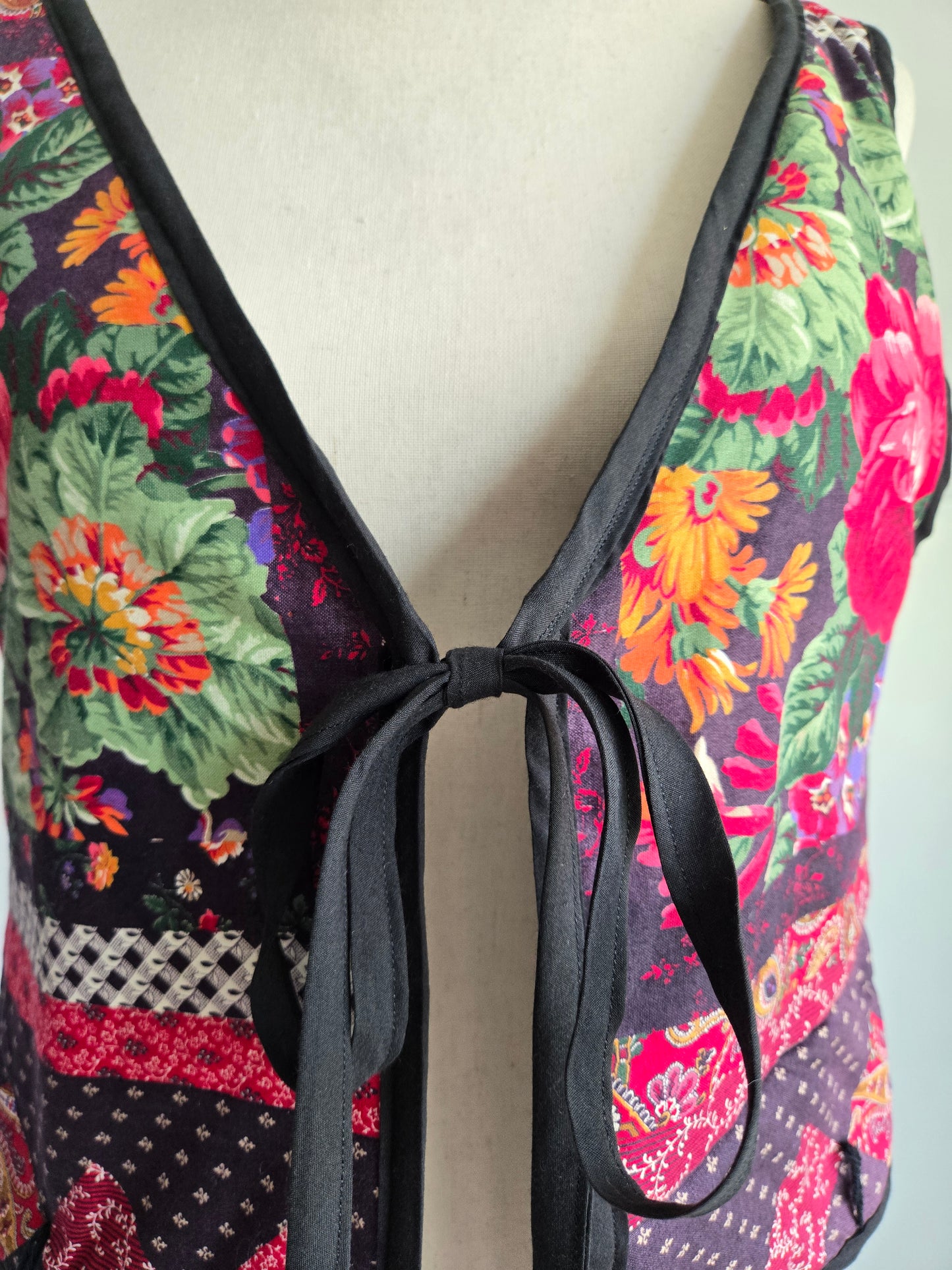 Hand Made Quilted Floral Tie Front Vest - M-XL