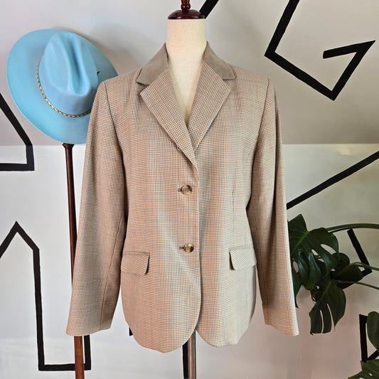 Vintage Pendleton Virgin Wool Micro Plaid Tan Blazer with Suede Collar - size 14