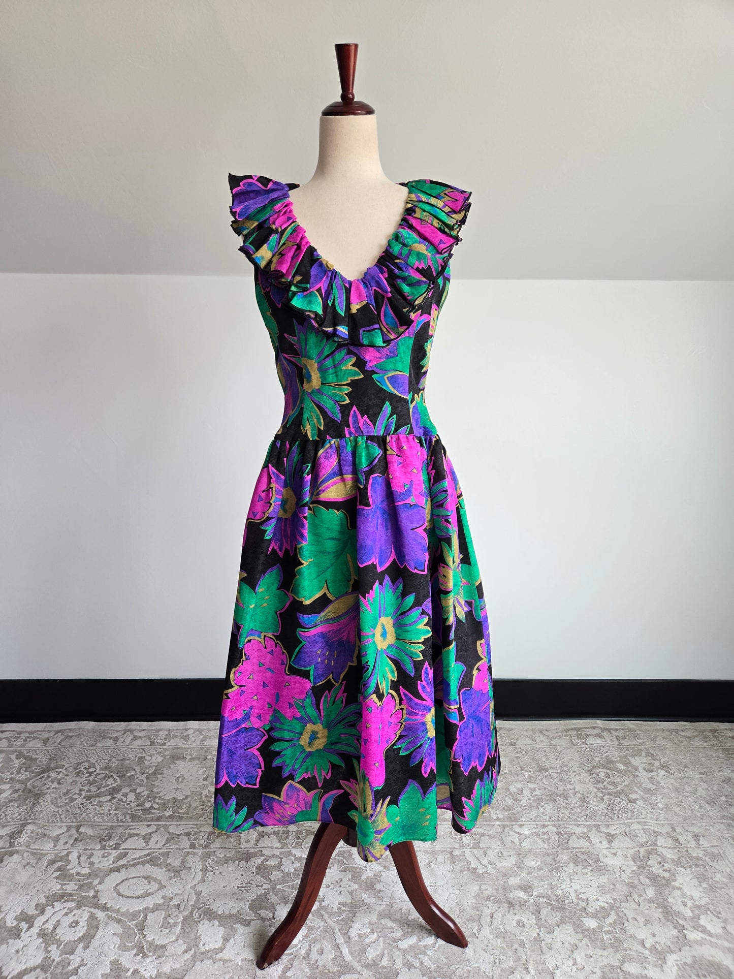 Morton Myles Vintage 1980s Silk Floral Dress - Small