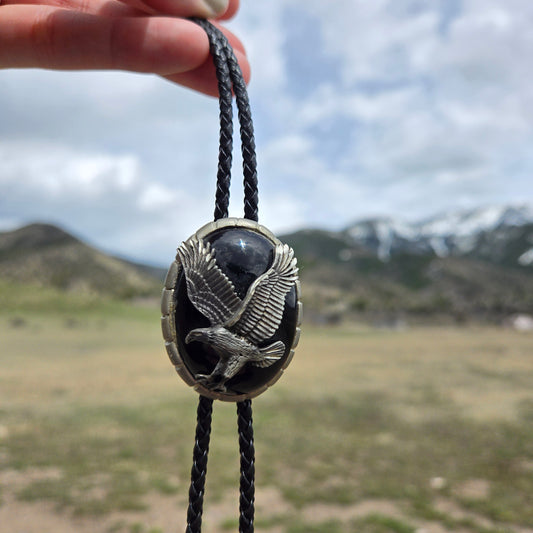 Vintage Signed Pewter Eagle and Onyx Bolo