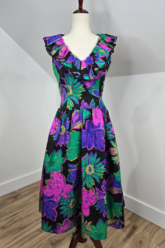 Morton Myles Vintage 1980s Silk Floral Dress - Small