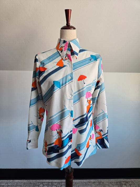Amy Barr Vintage 70s Novelty Umbrella Lady Shirt - large