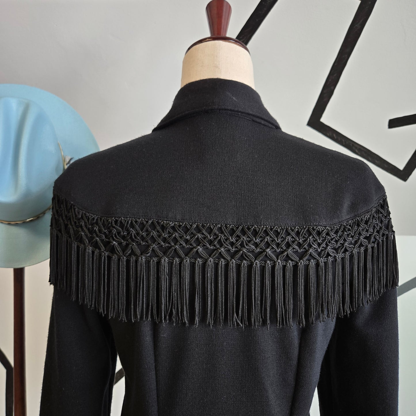 D'Knits Vintage Black Knit Blazer with Fringe Shoulders - small