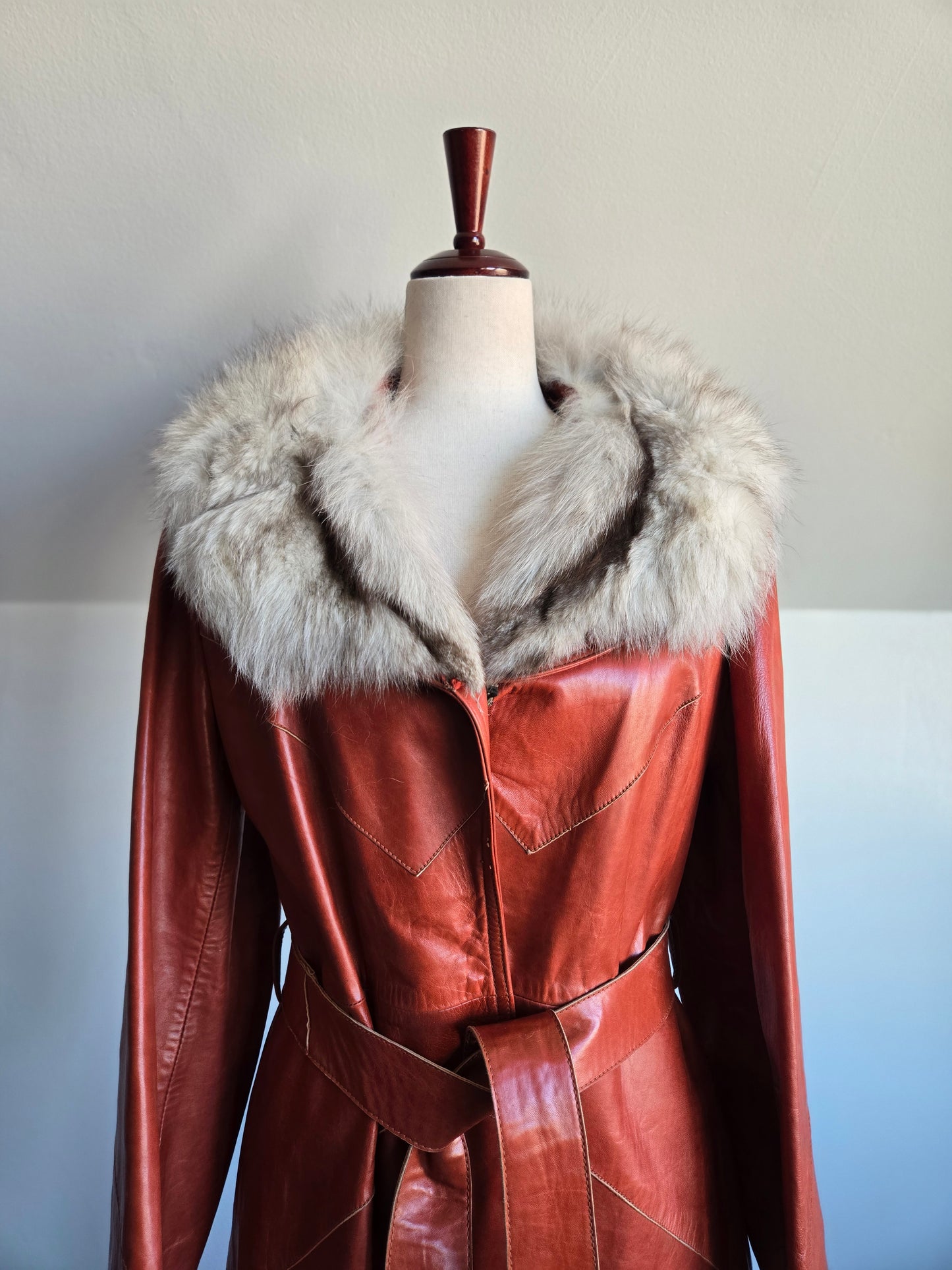 Napa Y Ante Skin Gear 1970s Patchwork Brown Leather Trench with Coyote Fur - Medium