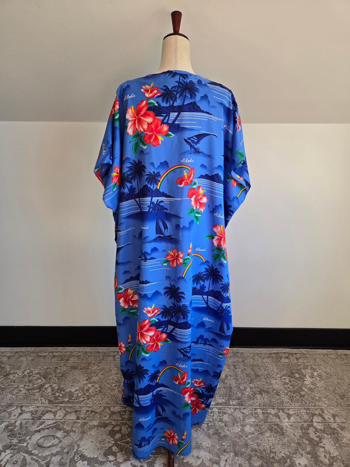 Made in Hawaii Blue Beach Scene and Rainbows Caftan - OS