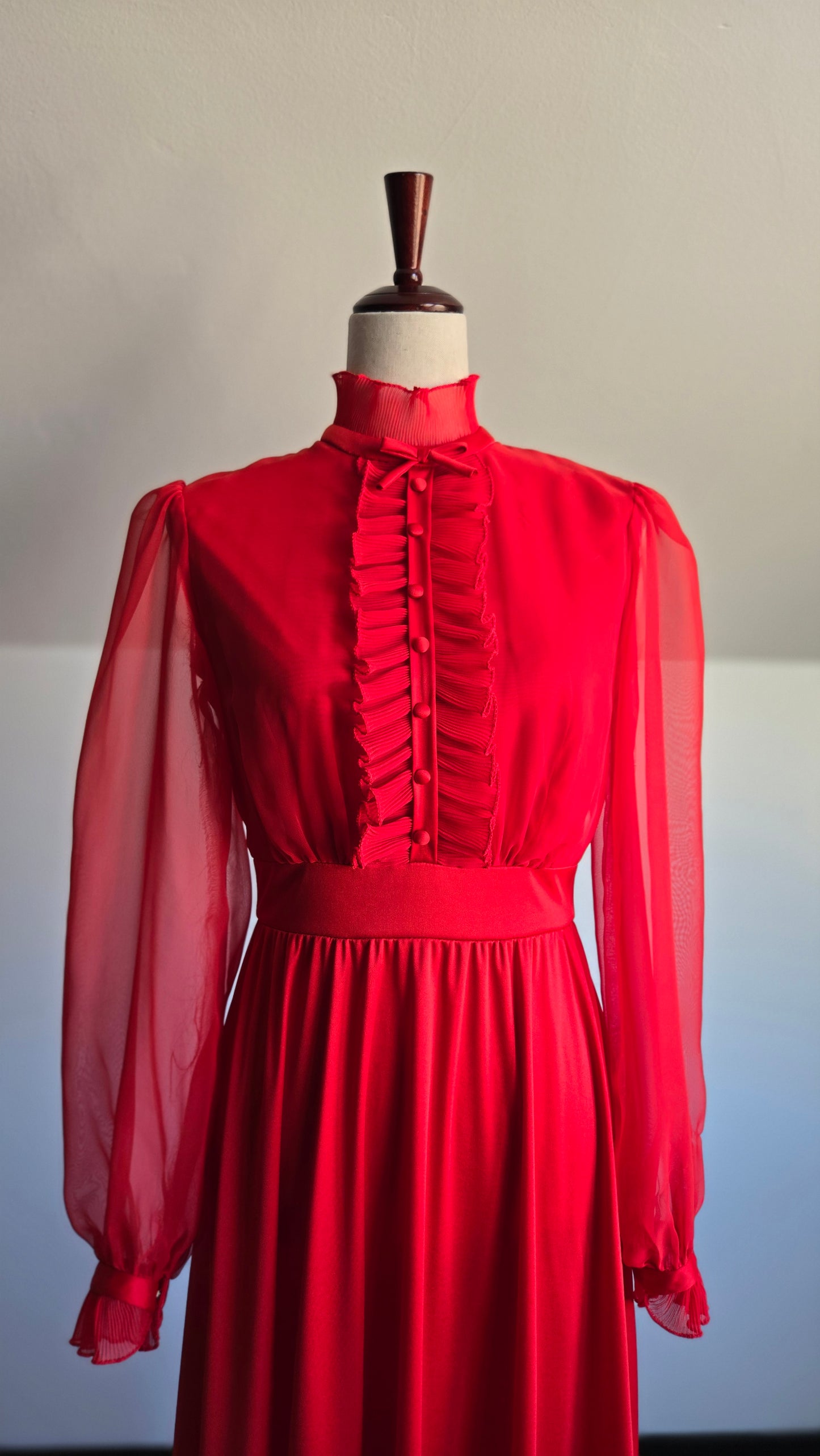 Vintage 1970s Red Dress with Ruffle Front Detail - small