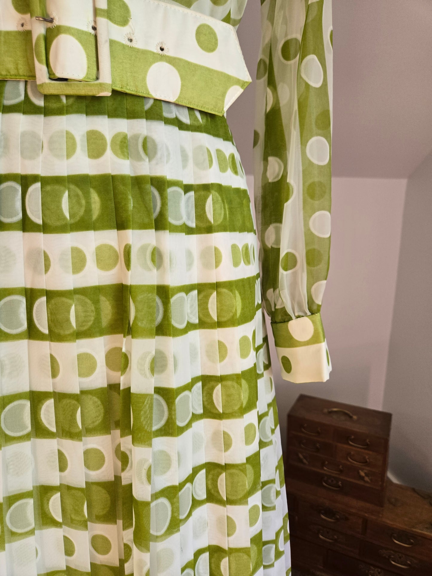 Coco California Vintage 1970s Green and White Polka Dot Stripe Dress -