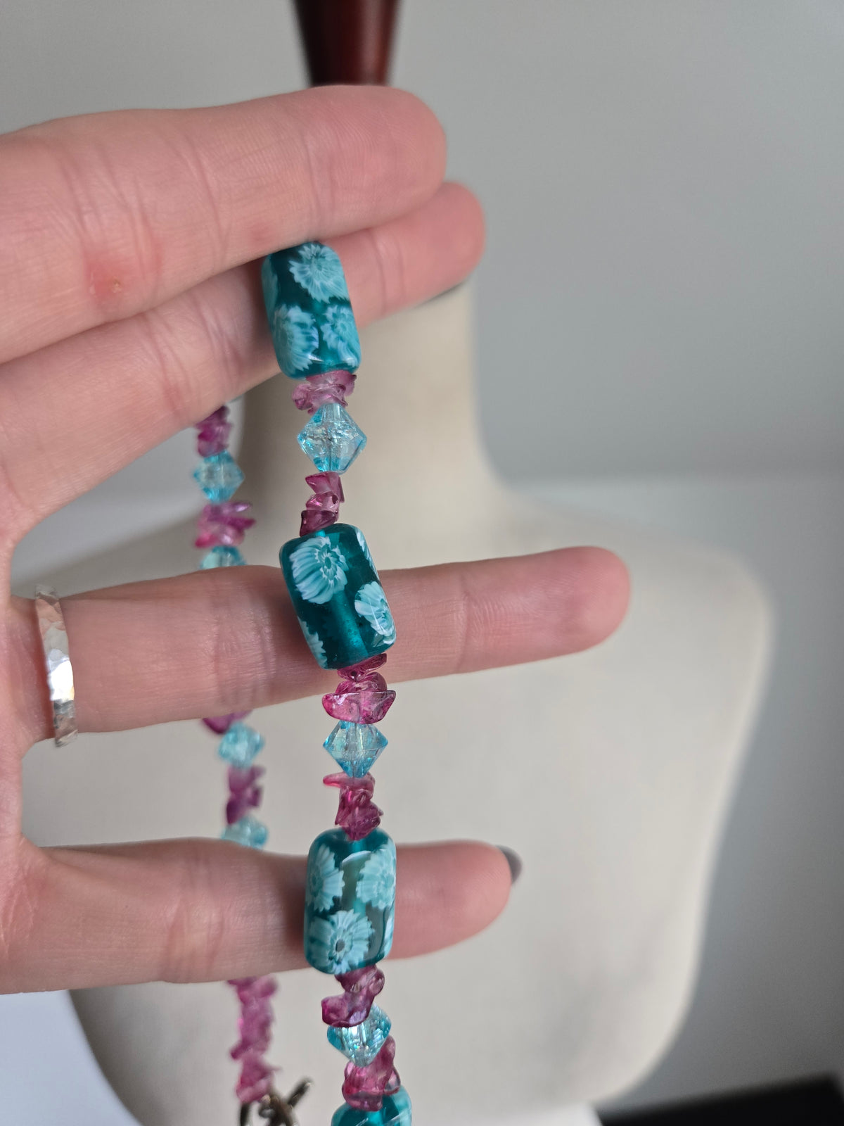 Turquoise and Pink Art Glass Bead Necklace