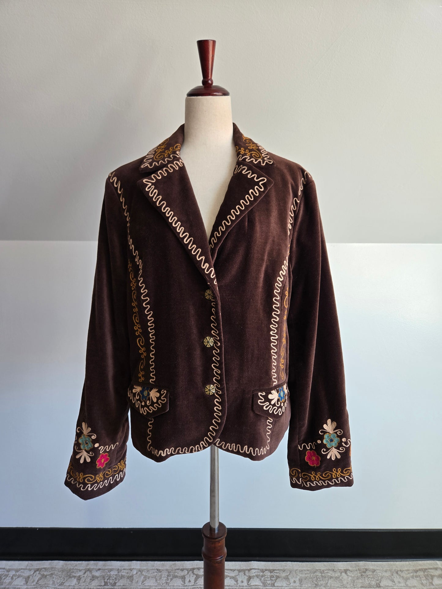 Doubled D Ranch Brown Velvet Blazer with Colorful Stitching Detail - XL