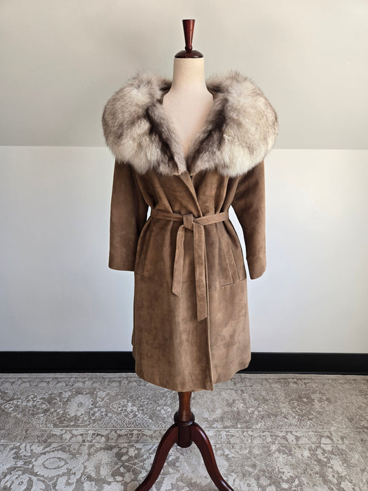 Vintage Suede Leather Coat with Genuine Fur Collar - XL/2XL