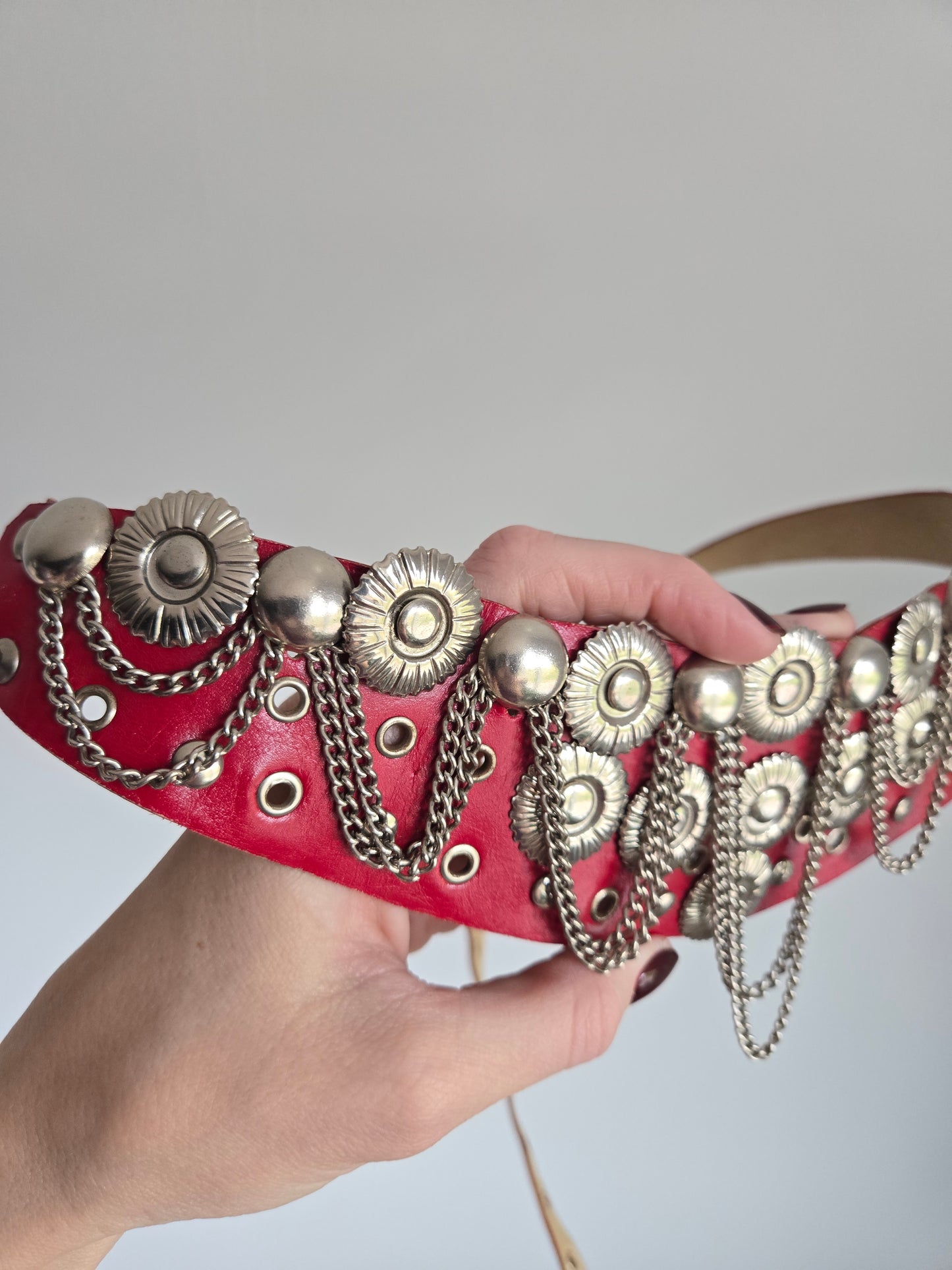 Vintage Red Leather Belt with Silver Coins and Chains - W26-36"