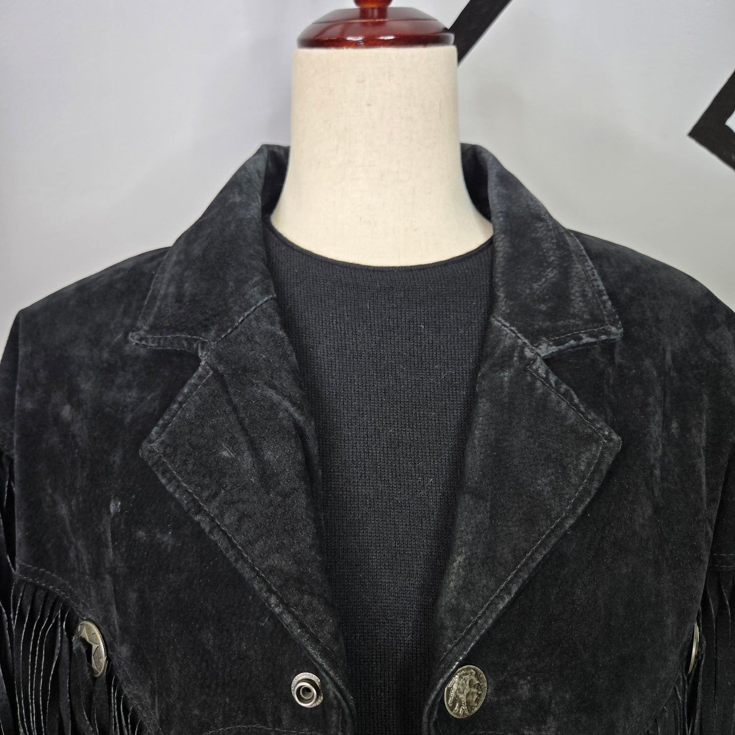 Byrnes & Baker Vintage Black Suede Leather Fringe Jacket - medium