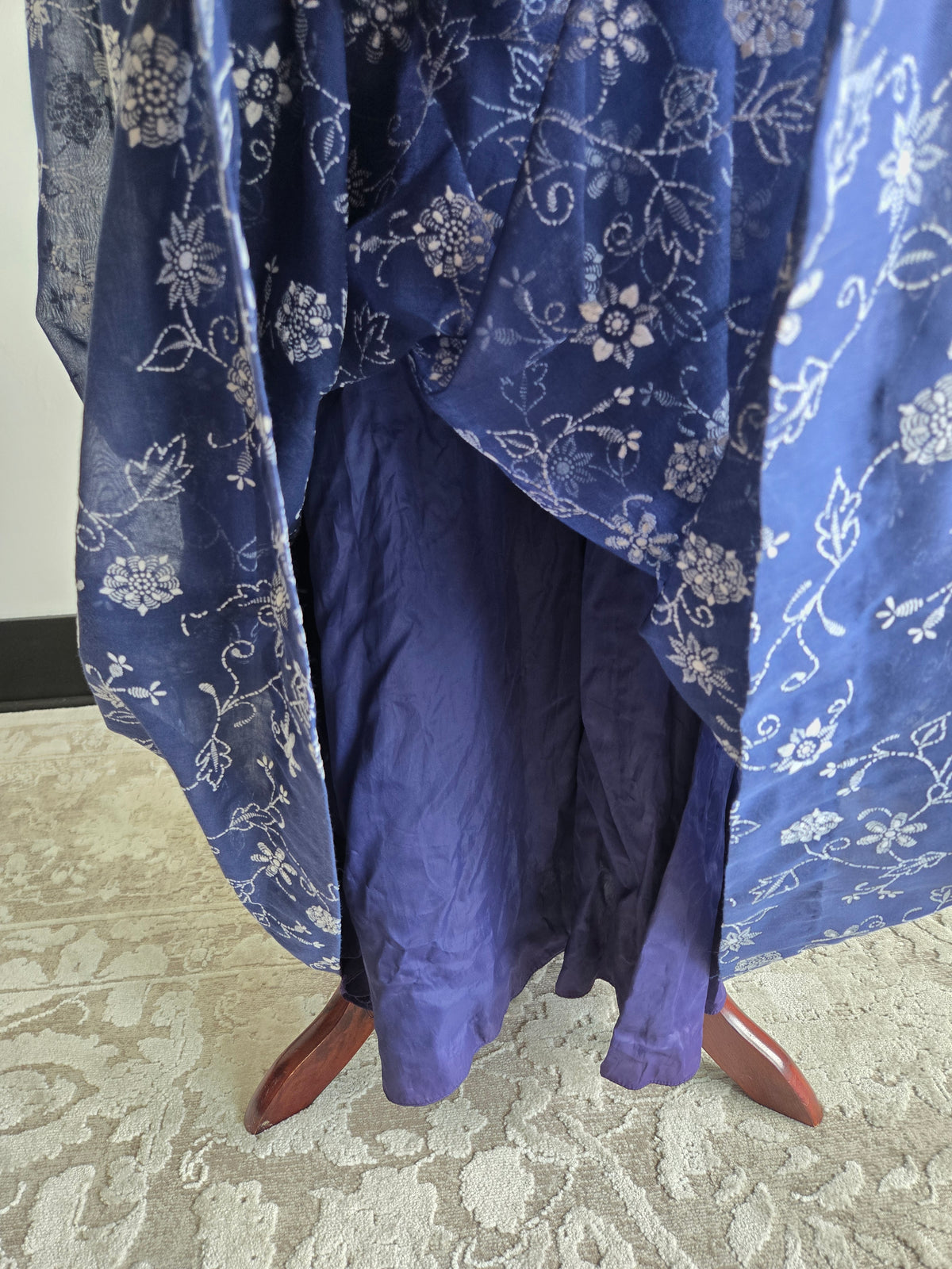 Vintage 70s Navy Blue Floral Embroirdered Maxi Dress - S/M