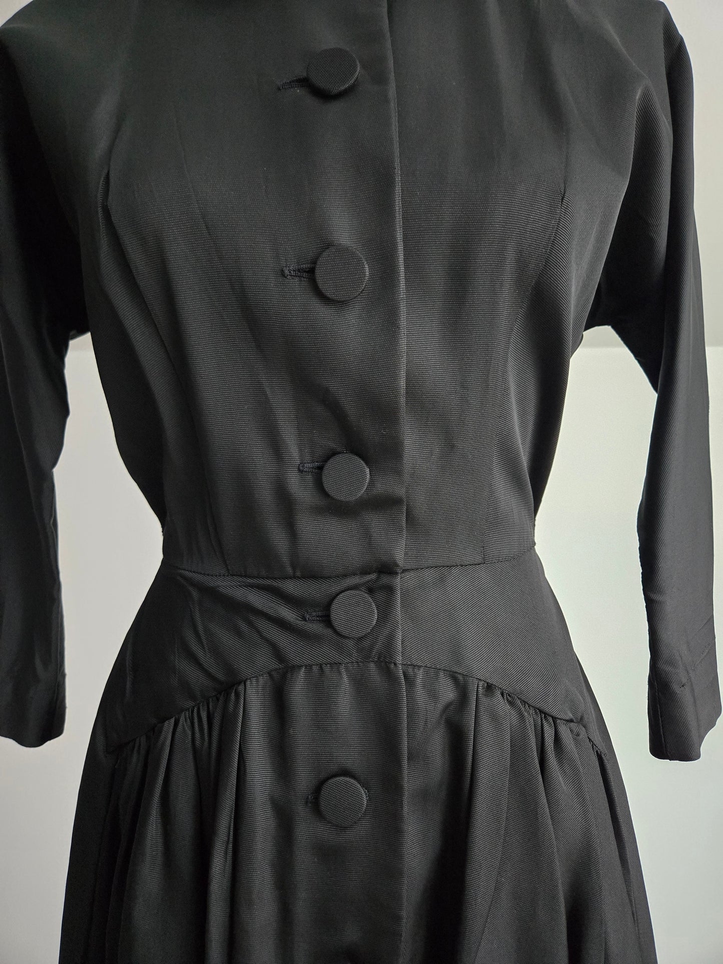 Vintage 1940s Black Satin Day Dress - Small