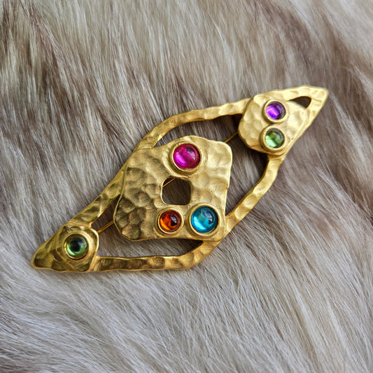 Large Vintage Matte Gold Tone Metal Brooch with Colorful Gems