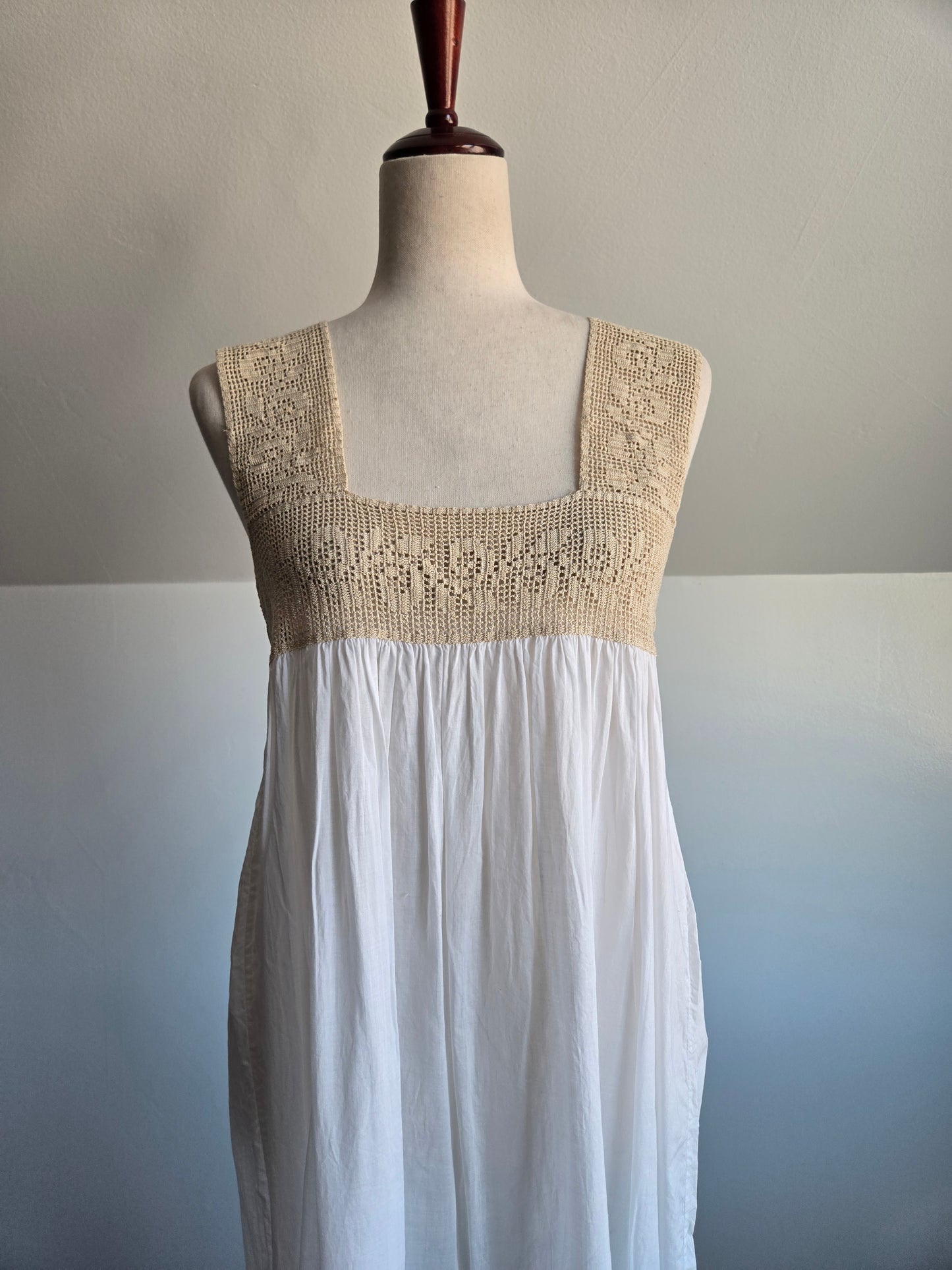 Vintage White Cotton and Crochet Lingerie Slip Dress - S/M
