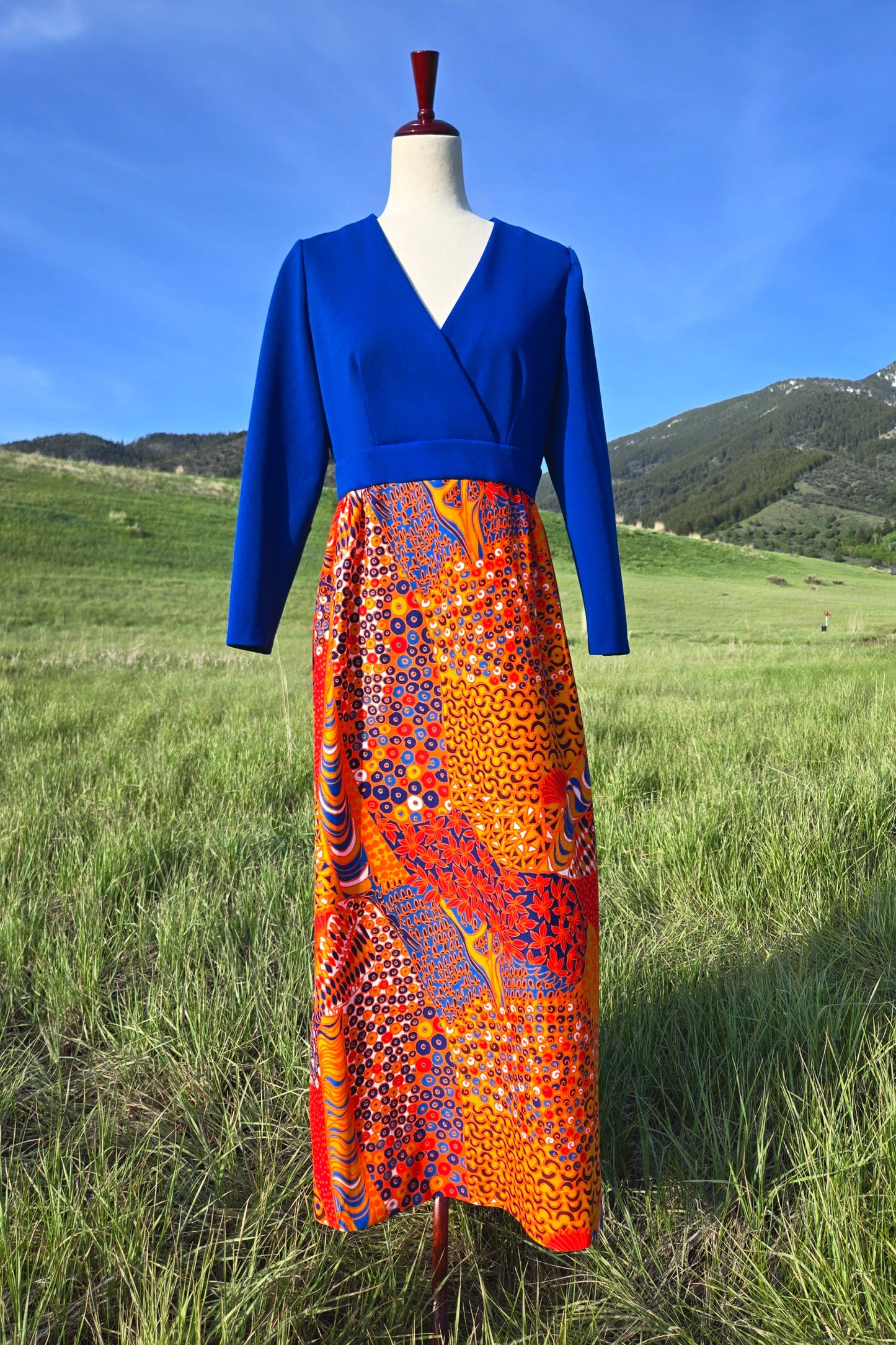 Vintage 1970s Blue Structured Top Maxi Dress with an Orange Dayglo Print Skirt