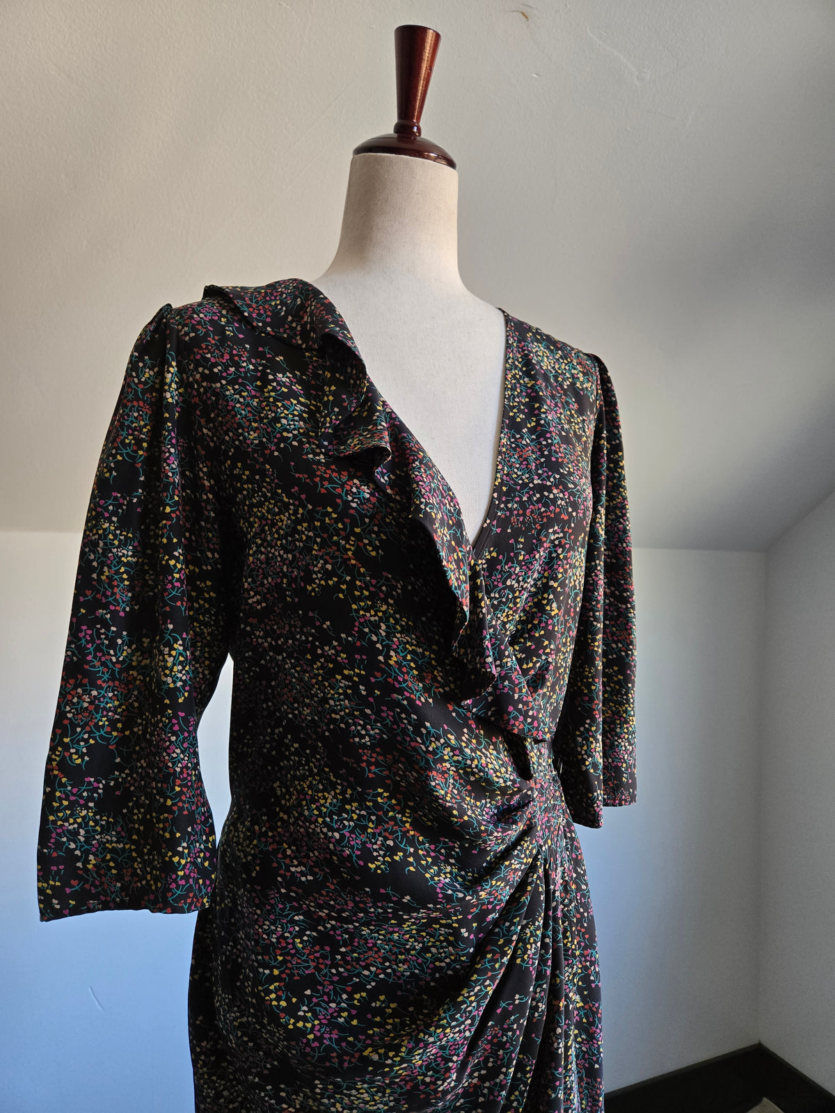 Parker Silk Floral Heart Print Wrap Dress - Medium