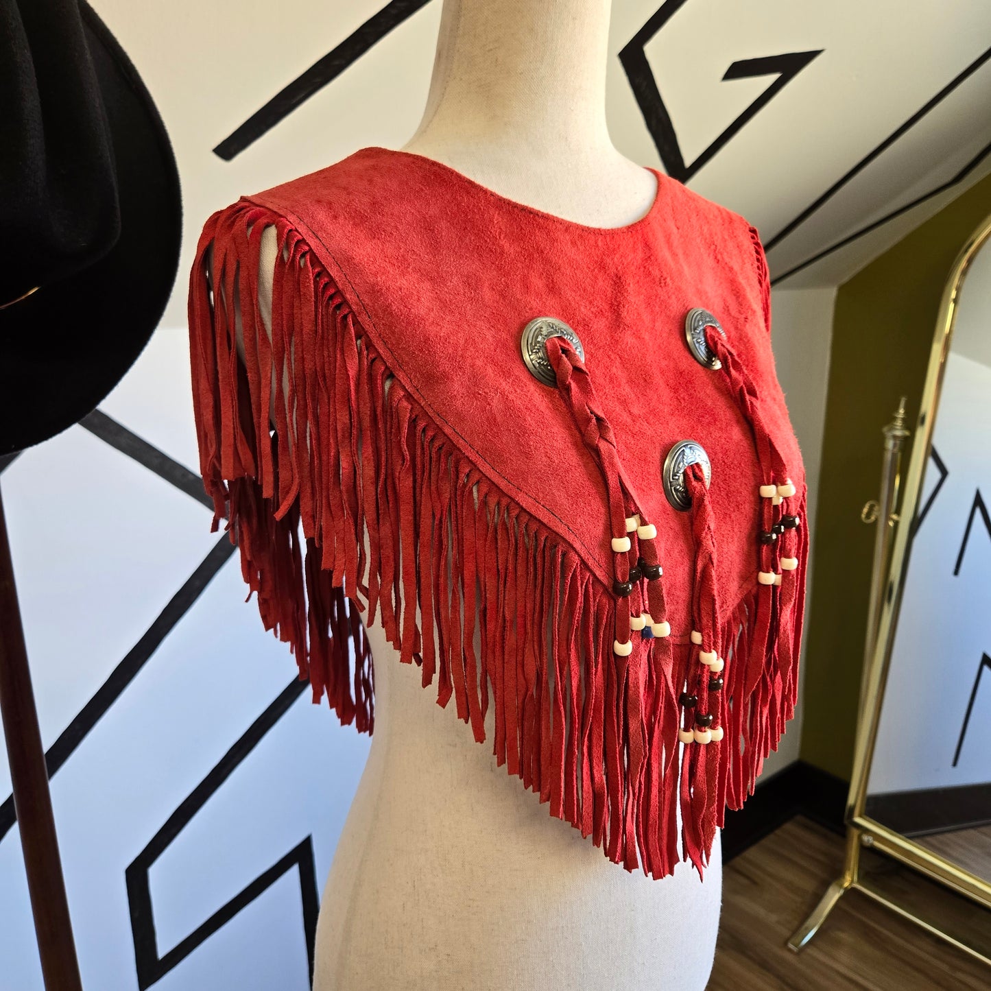 Steer Brand Red Genuine Suede Leather Fringe Cape - OS