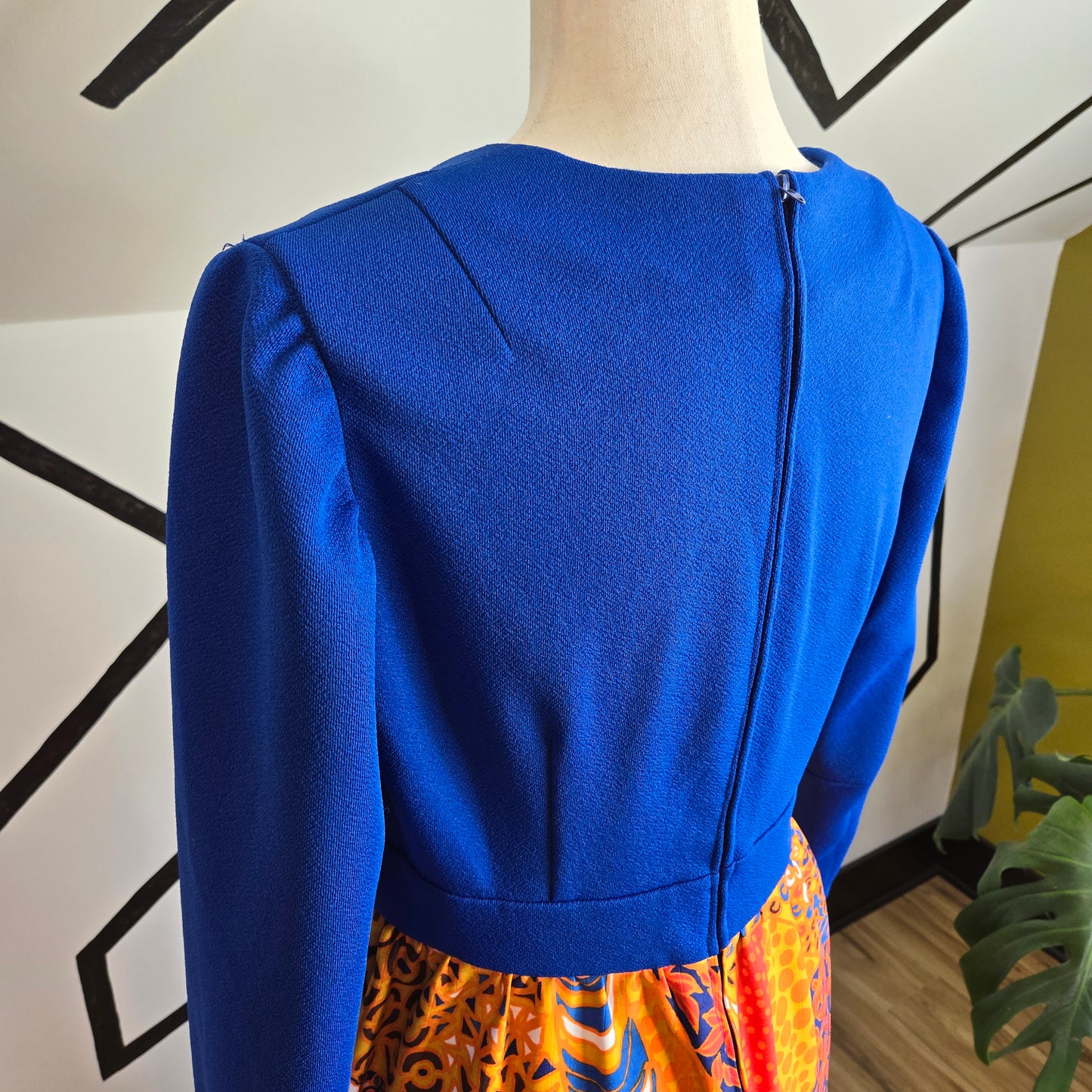 Vintage 1970s Blue Structured Top Maxi Dress with an Orange Dayglo Print Skirt