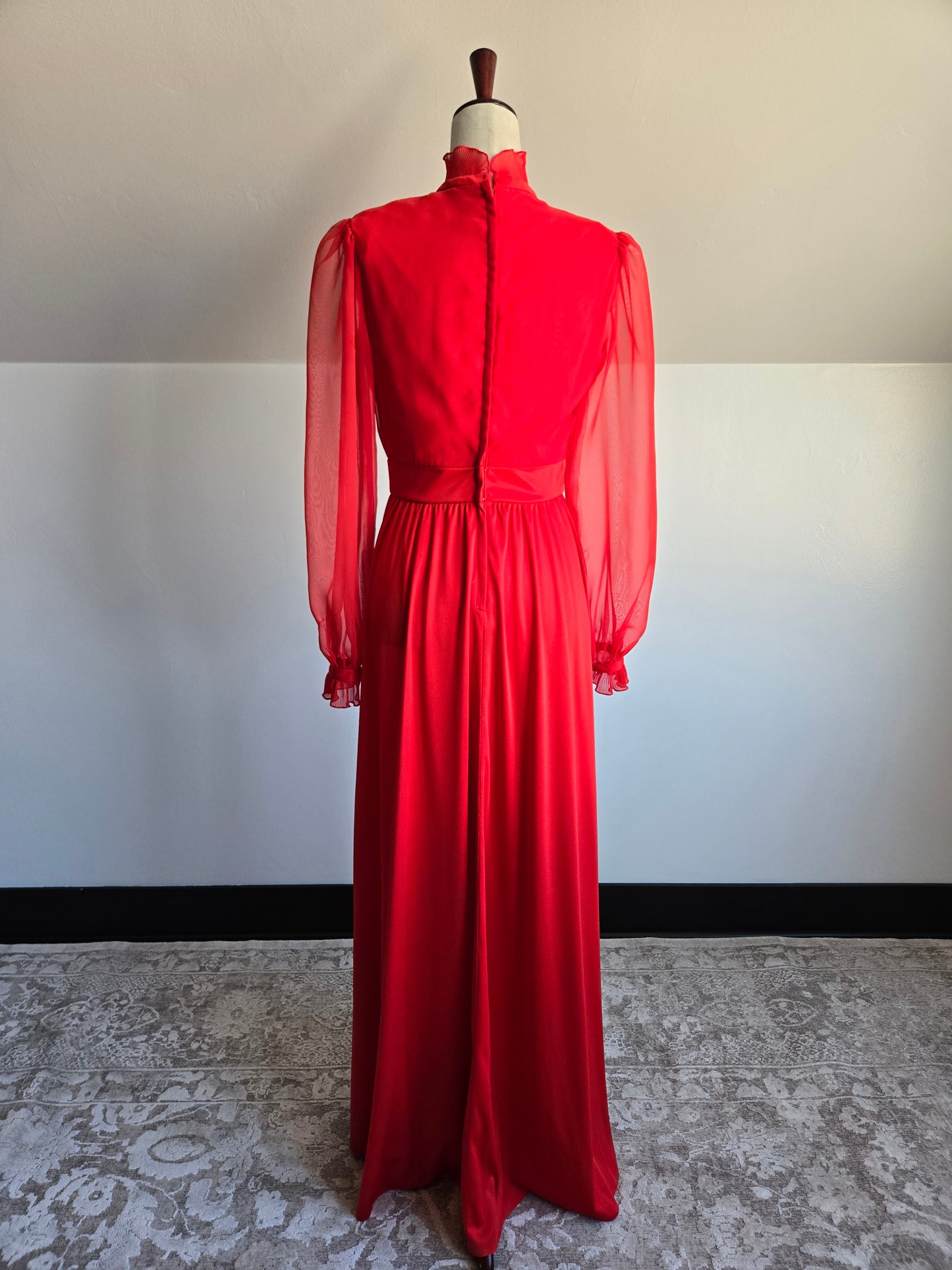 Vintage 1970s Red Dress with Ruffle Front Detail - small